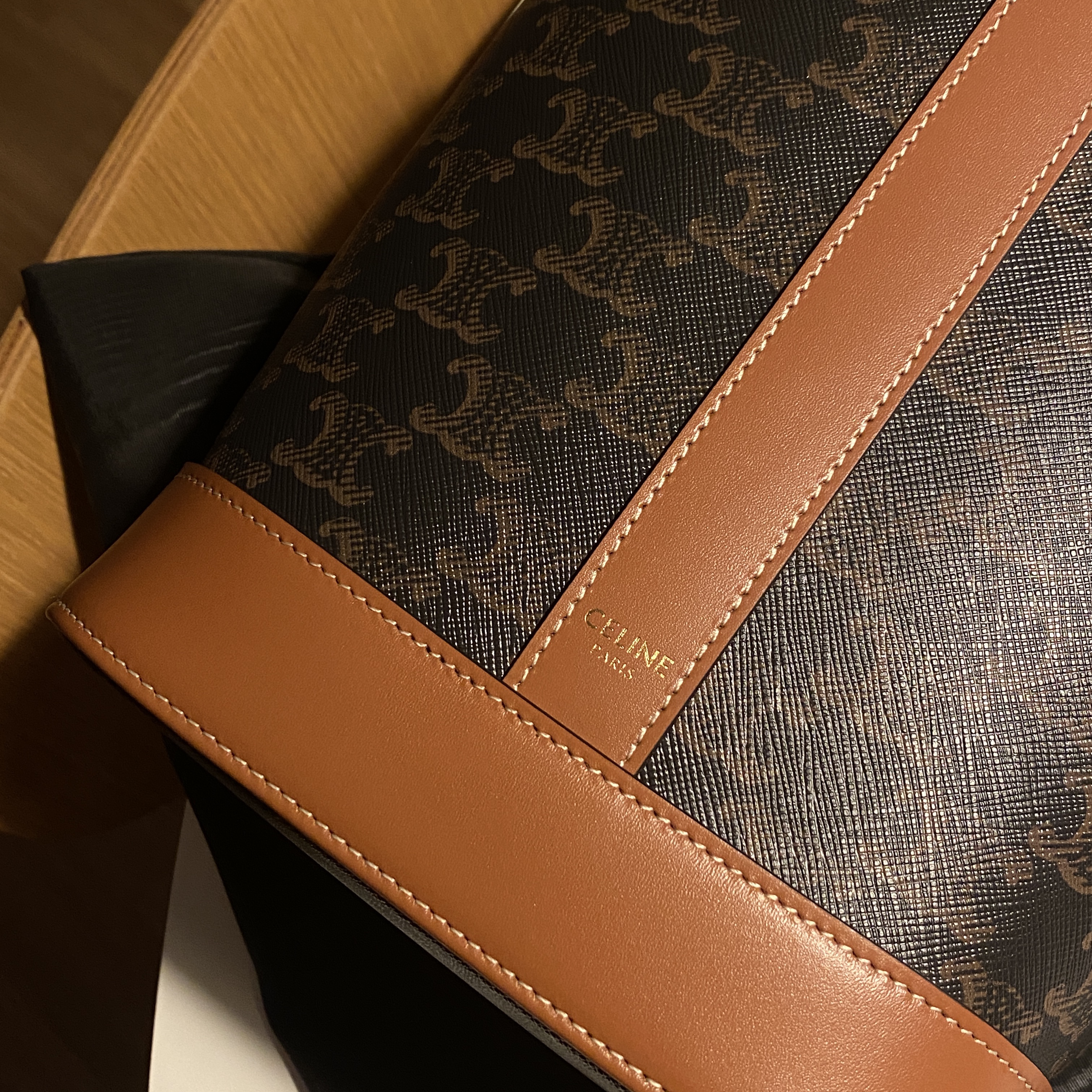 Celine Small Bucket in Triomphe Canvas and Calfskin Tan 착용 스타일