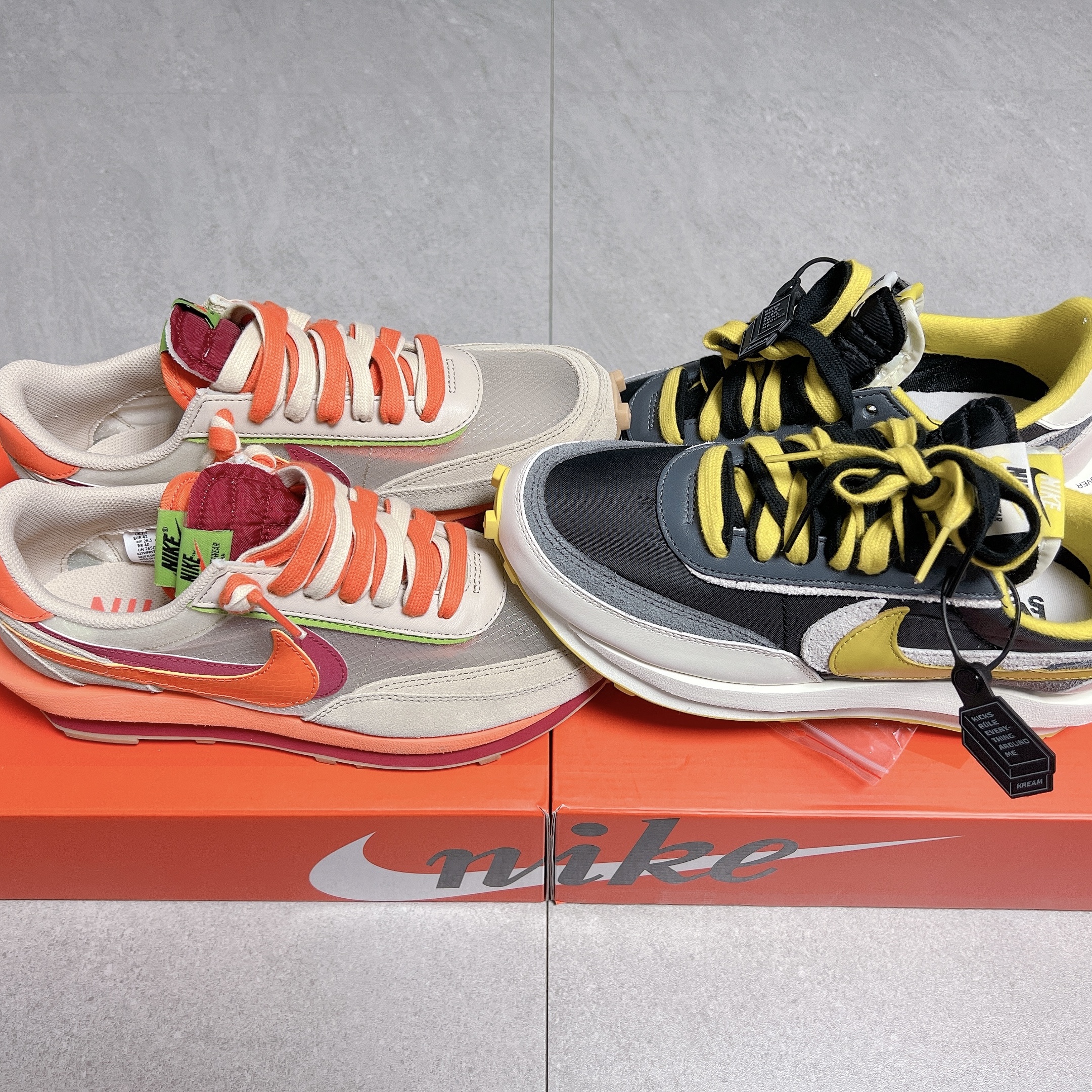 Nike x Sacai x Clot LDWaffle Orange Blaze, Nike x Sacai x Undercover LDWaffle Black Bright Citron 착용 스타일