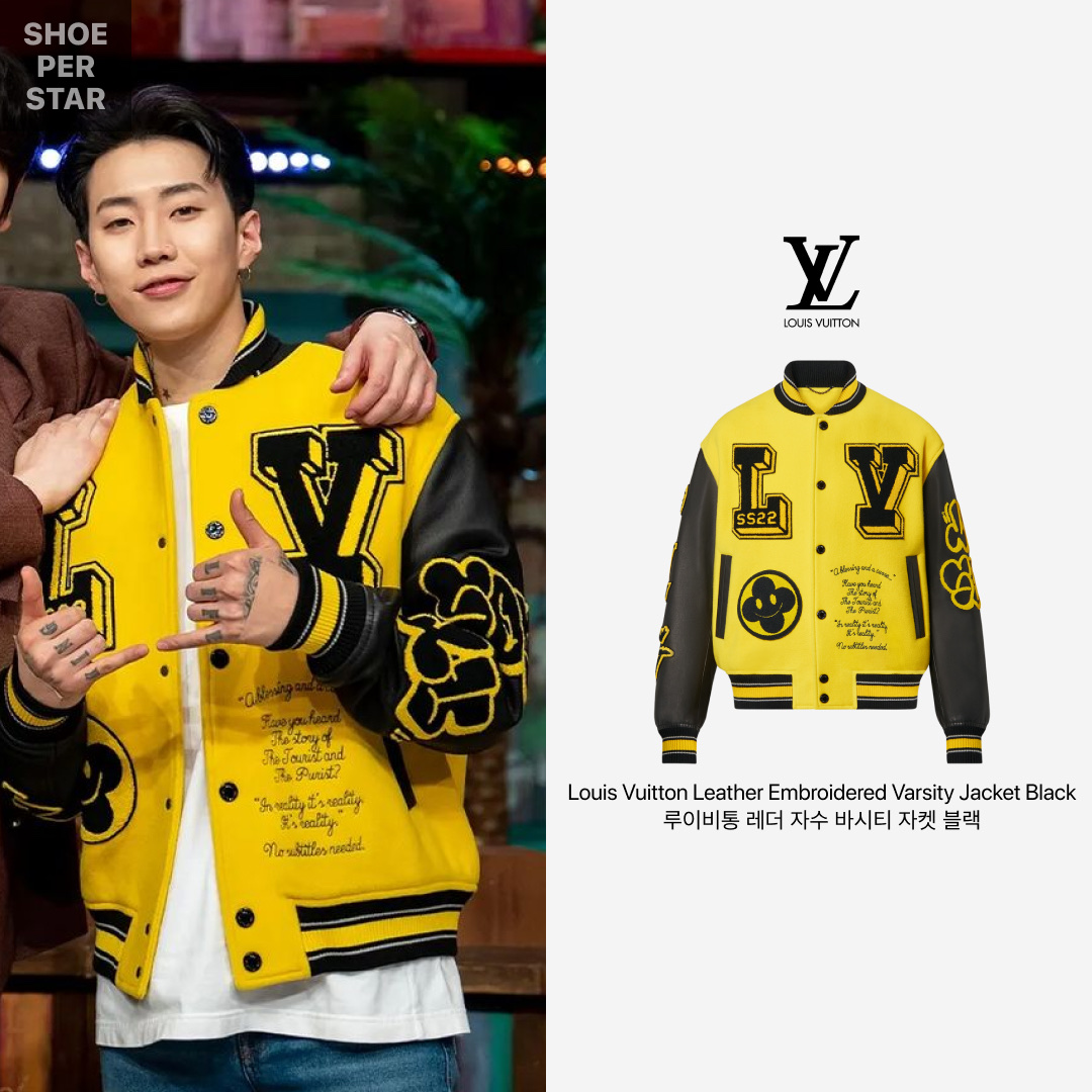 Louis Vuitton Leather Embroidered Varsity Jacket Black, Stussy x BAPE Trucker Cap Yellow 착용 스타일 - 2
