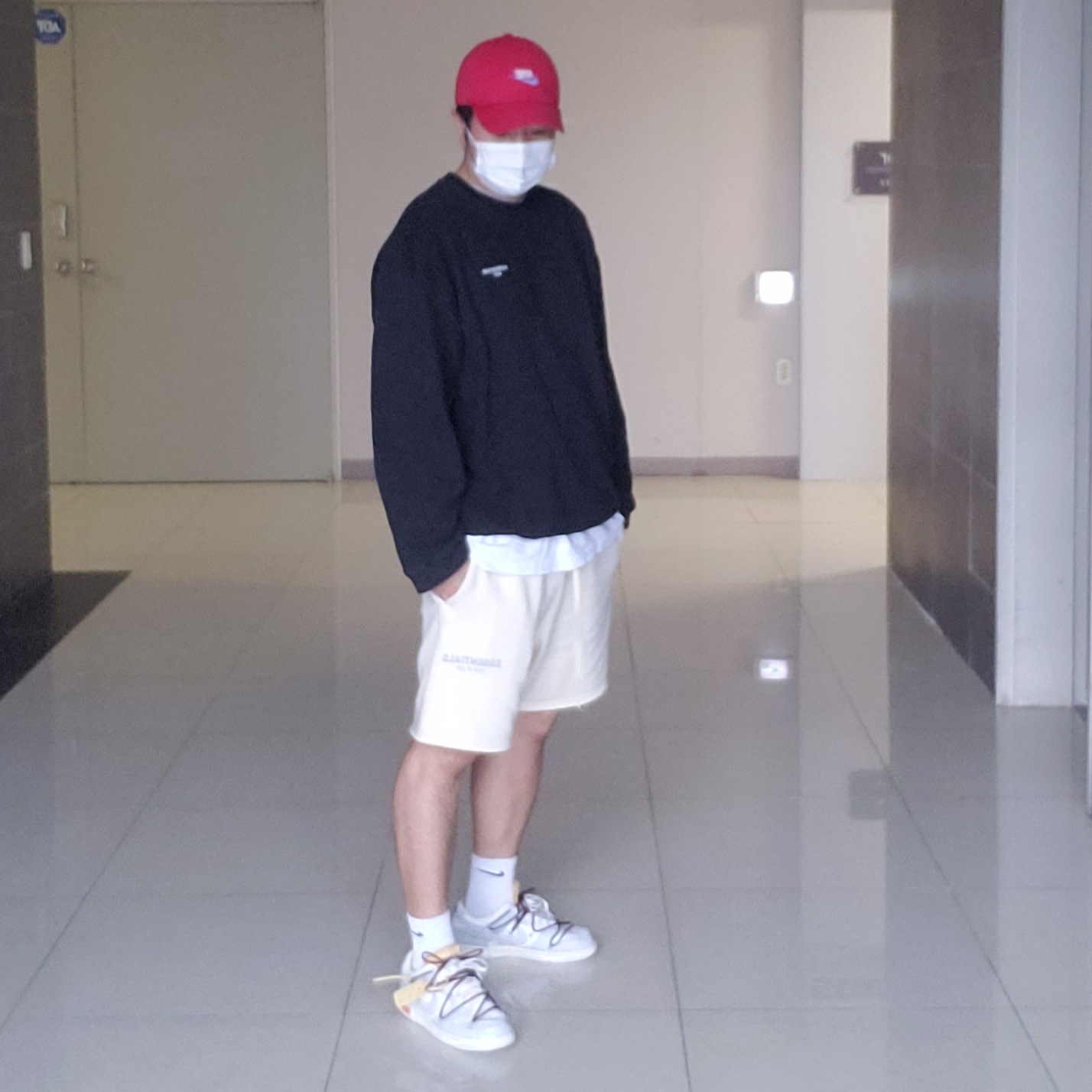 Nike x Off-White Dunk Low The 50 - Lot 46, Essentials Sweatshorts Cream - 21SS 착용 스타일