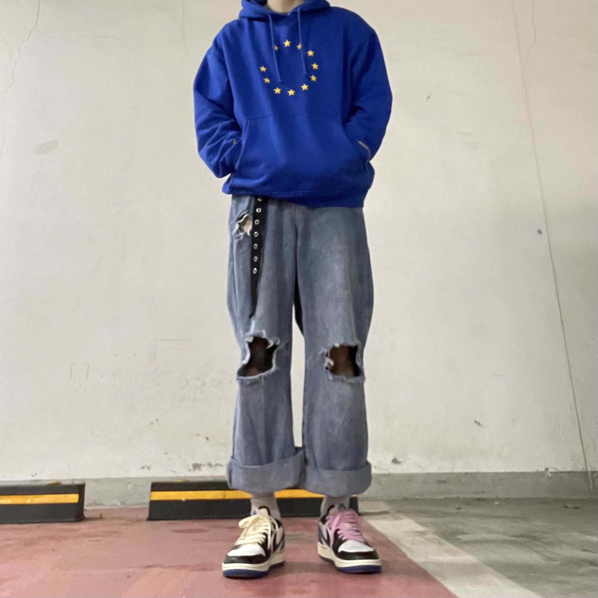 Souvenir Official Eunify Classic Hoodie Blue, Jordan 1 x Travis Scott x Fragment Retro Low OG SP Military Blue 착용 스타일