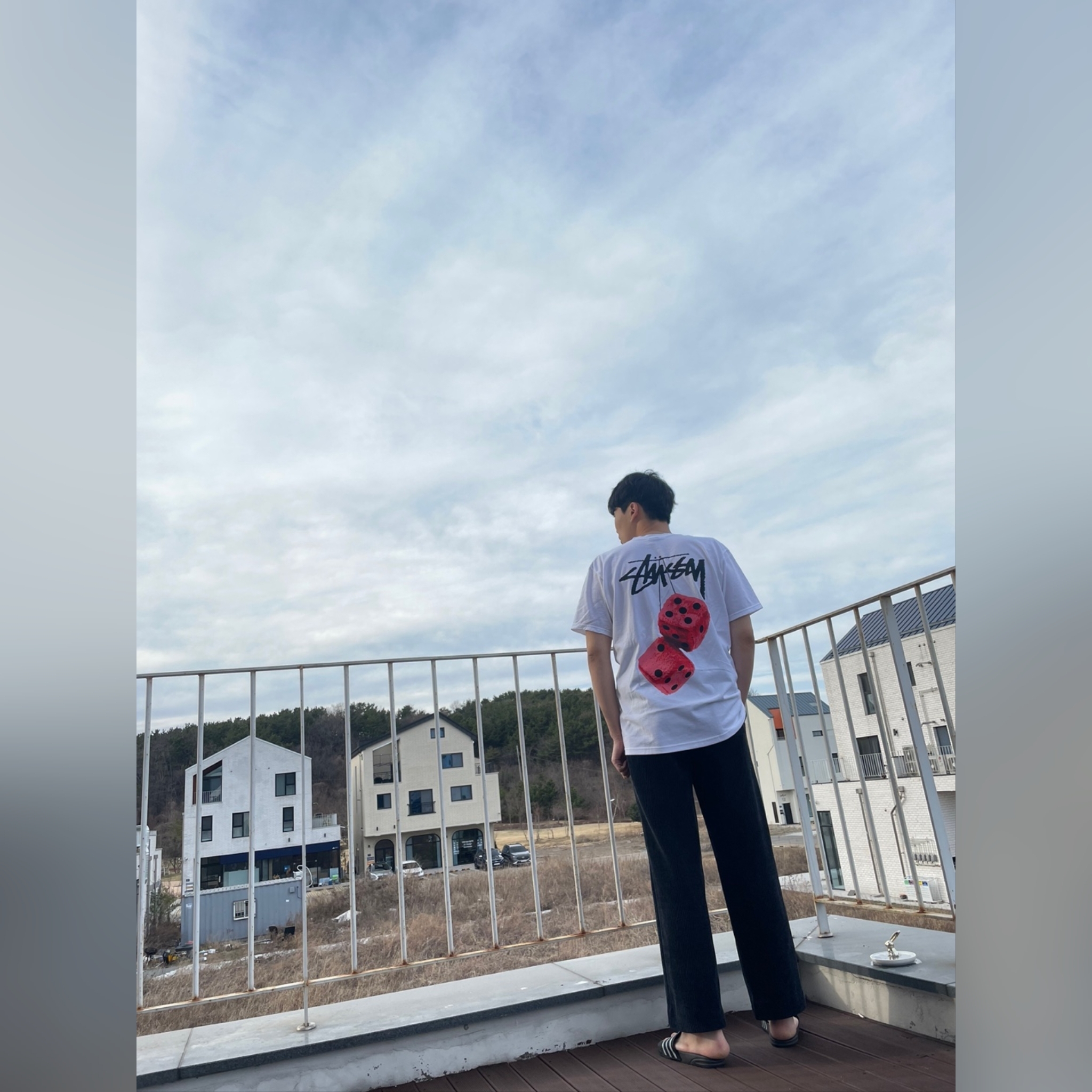 Stussy Fuzzy Dice T-Shirt White 착용 스타일