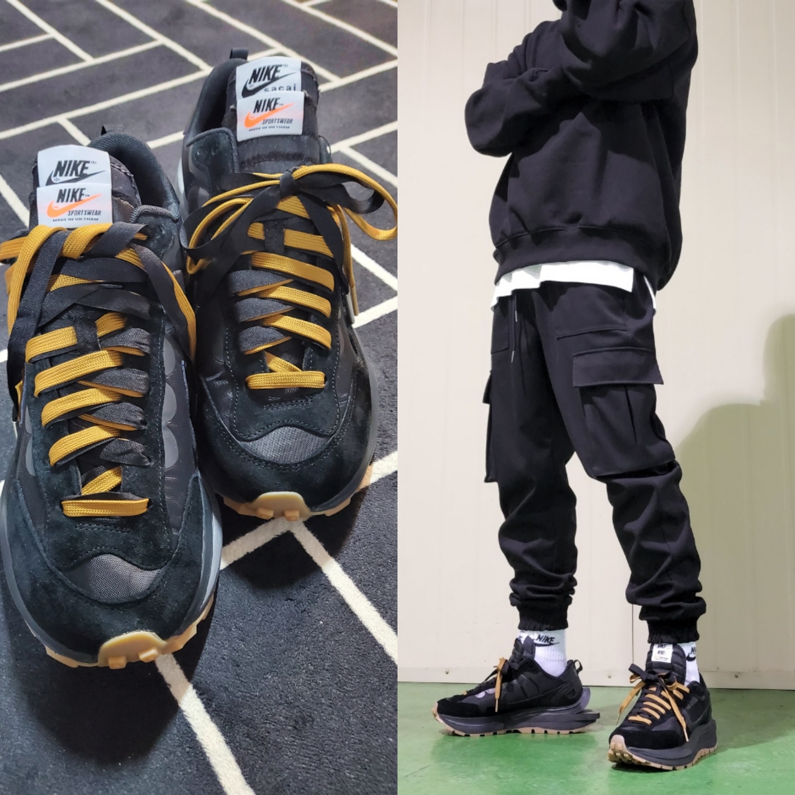 Nike x Sacai VaporWaffle Black and Gum 착용 스타일 - 1