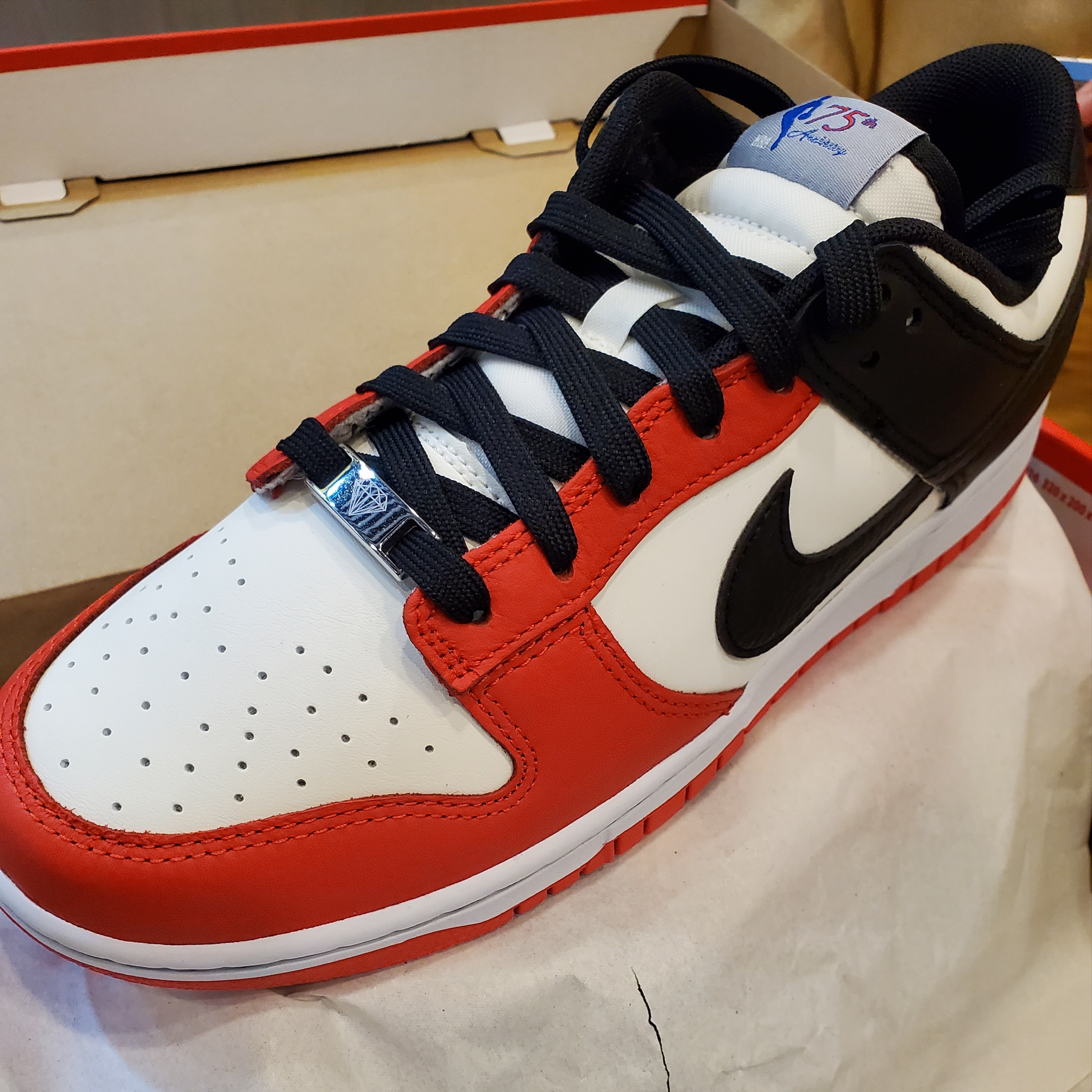 Nike x NBA Dunk Low Retro EMB Black and Chile Red 착용 스타일