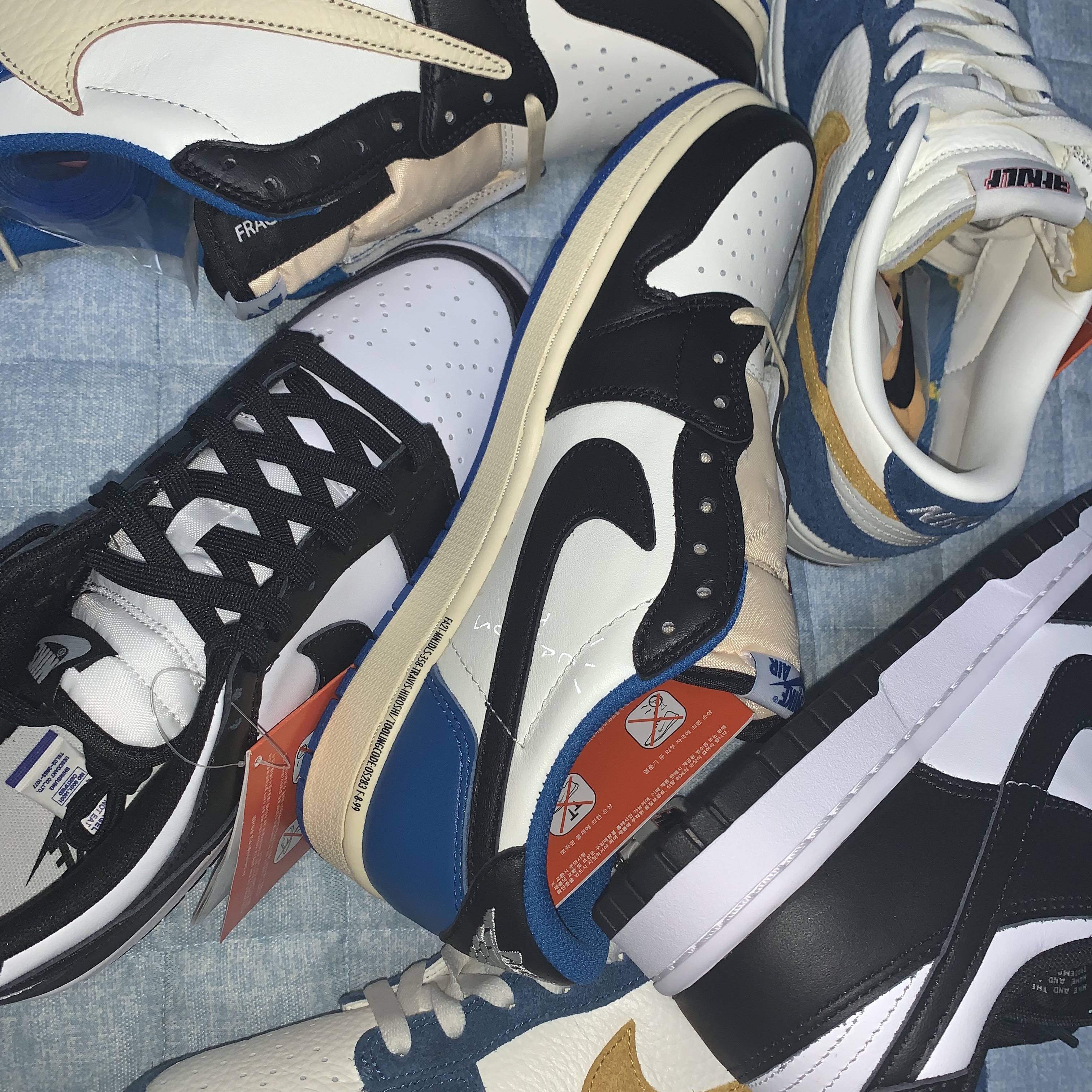 Nike x Kasina Dunk Low 80's Bus, Jordan 1 x Travis Scott x Fragment Retro Low OG SP Military Blue 착용 스타일