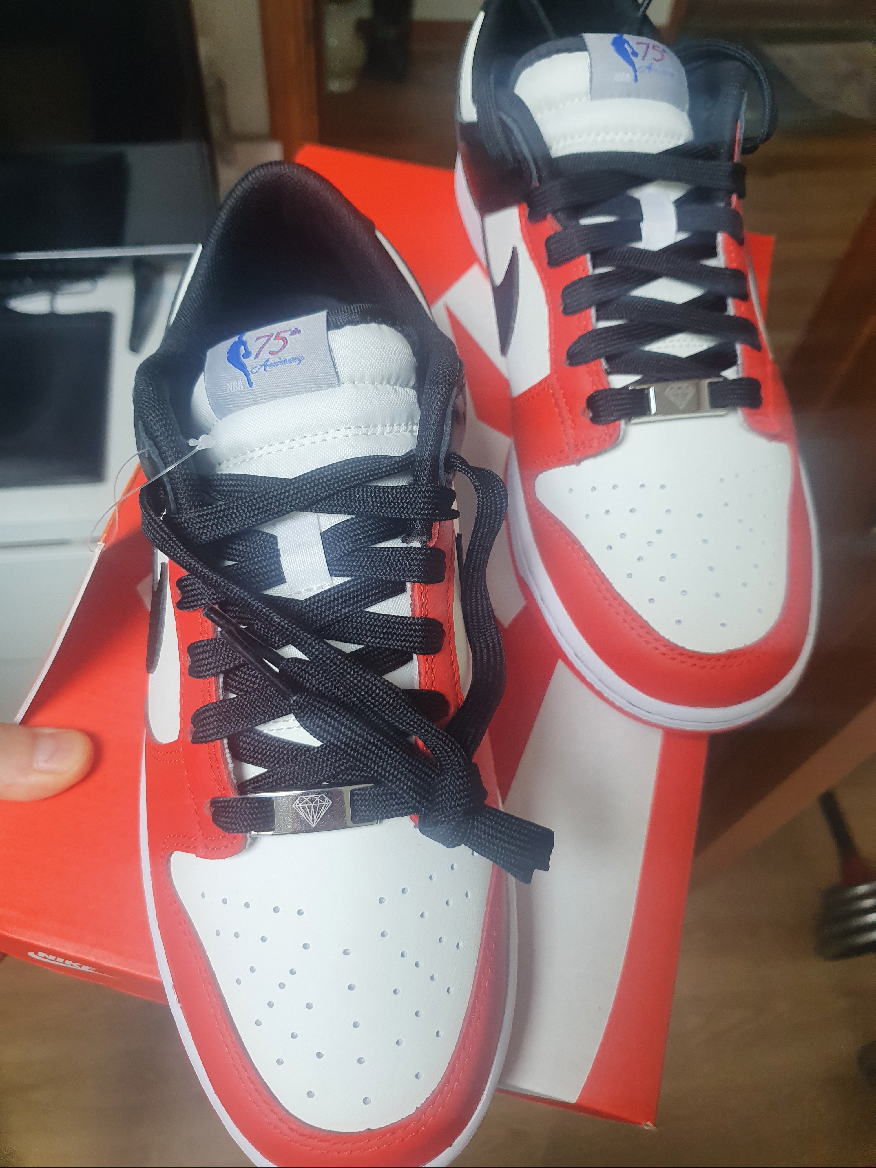 Nike x NBA Dunk Low Retro EMB Black and Chile Red 착용 스타일