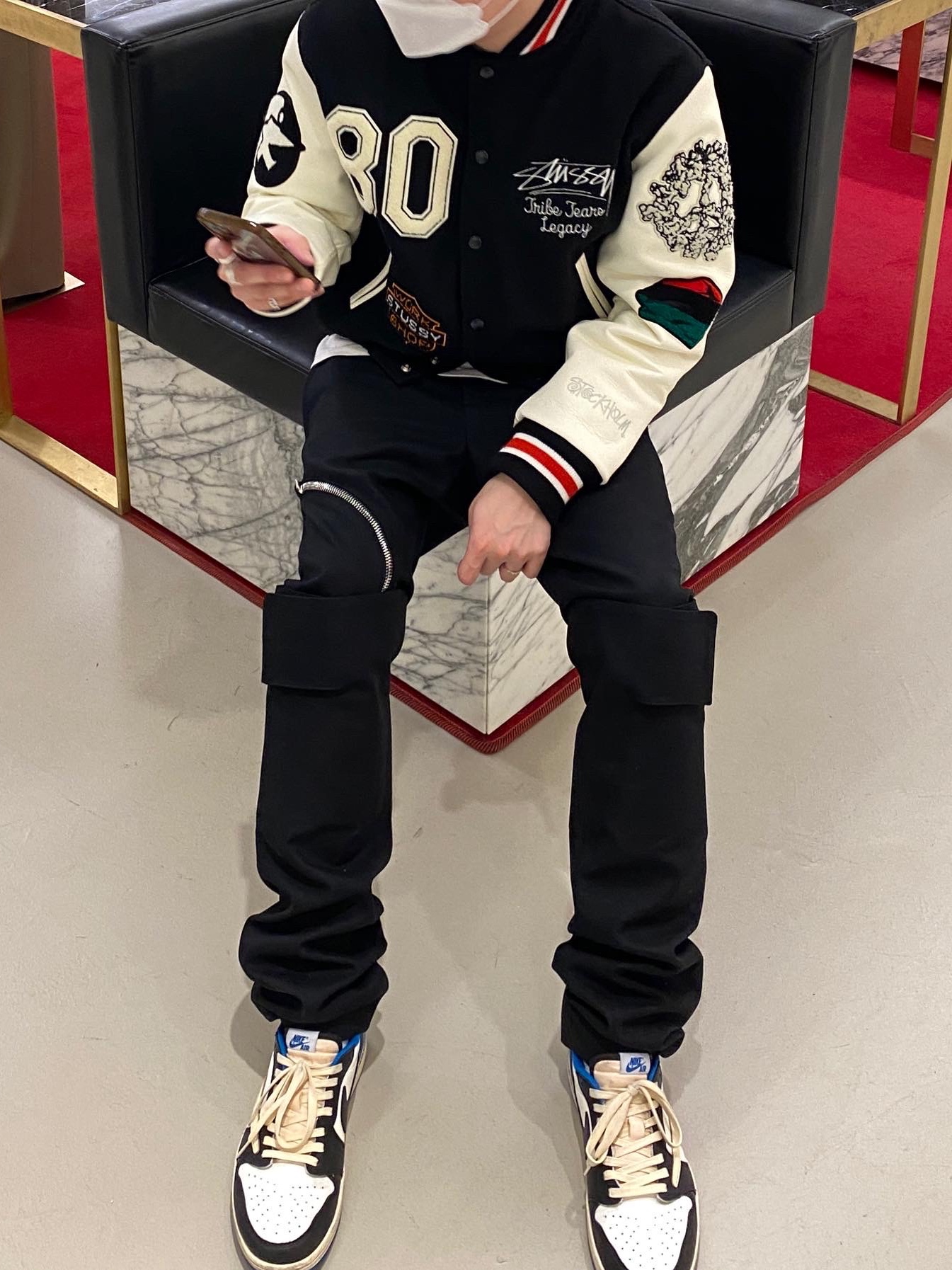 Jordan 1 x Travis Scott x Fragment Retro Low OG SP Military Blue, Stussy x Our Legacy x Denim Tears TTL Varsity Jacket Black 착용 스타일