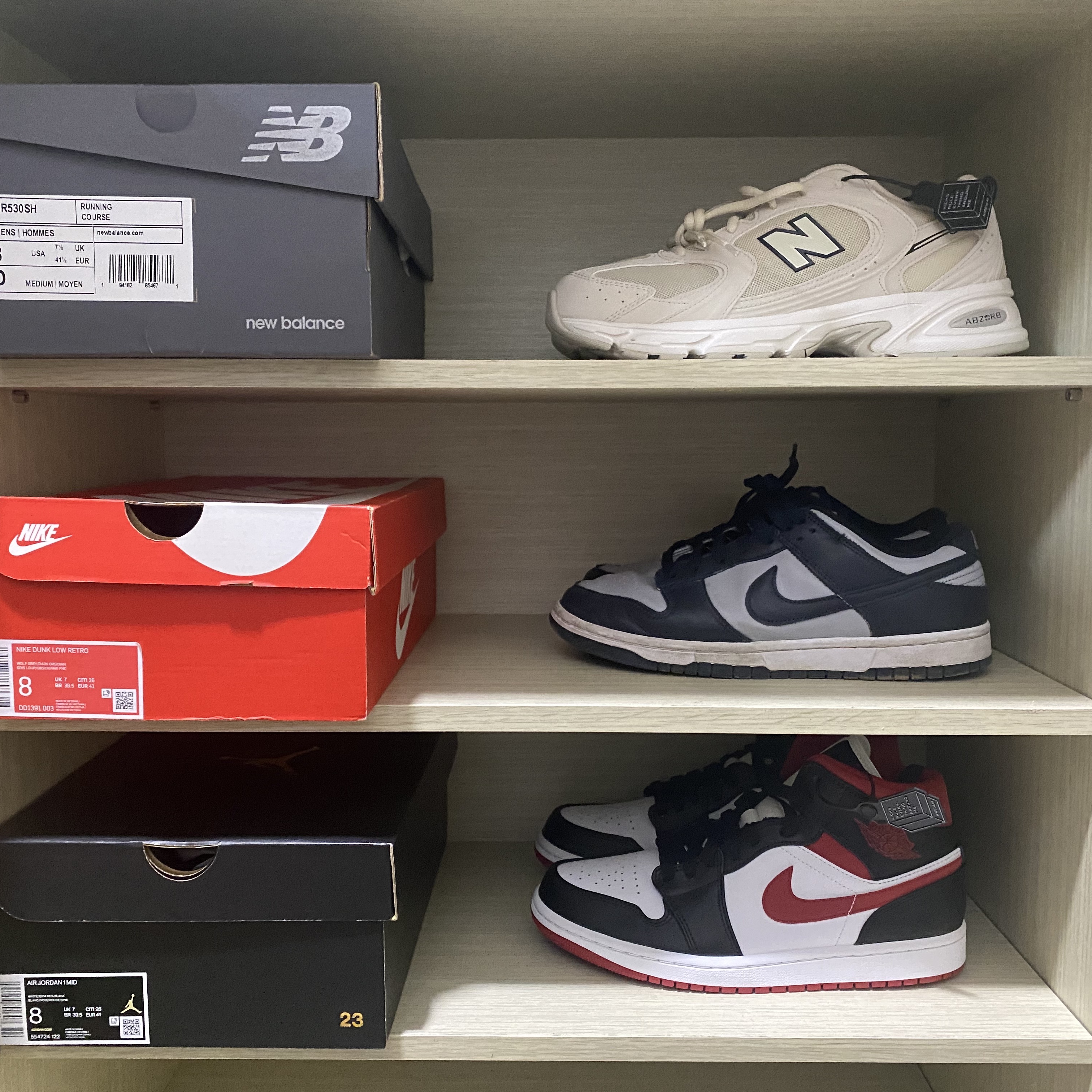 New Balance 530 Ivory, Nike Dunk Low Retro Championship Grey 착용 스타일 - 1