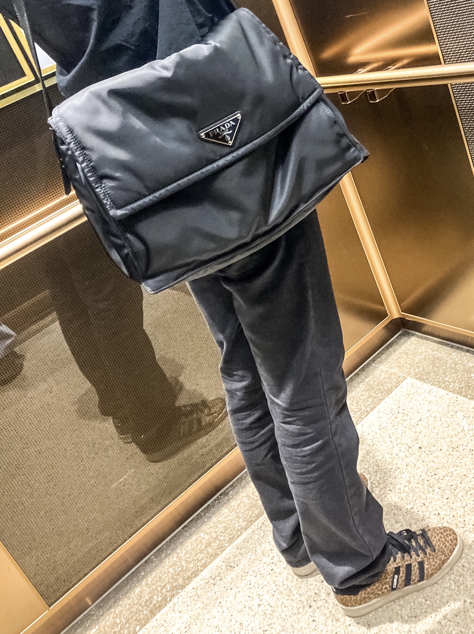 Prada Re-Nylon Large Padded Shoulder Bag Black, Adidas x END. x Neighborhood Campus Leopard Black 착용 스타일