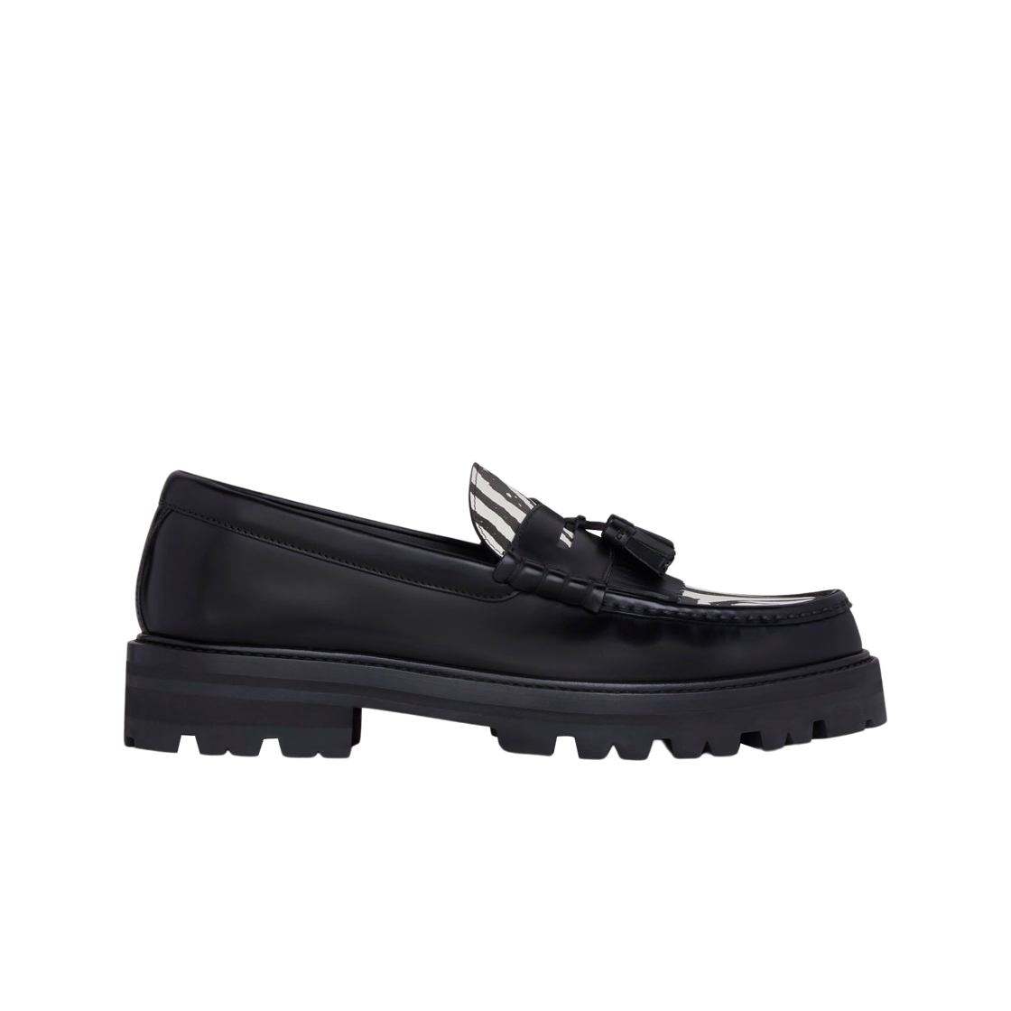 346533654C-38AW Celine Margaret Chunky Loafers With Tassels In Polished Bull And Zebra Printed Calfskin Black White