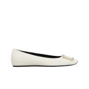(W) Roger Vivier Trompette Metal Buckle Ballerinas Patent Leather Off White