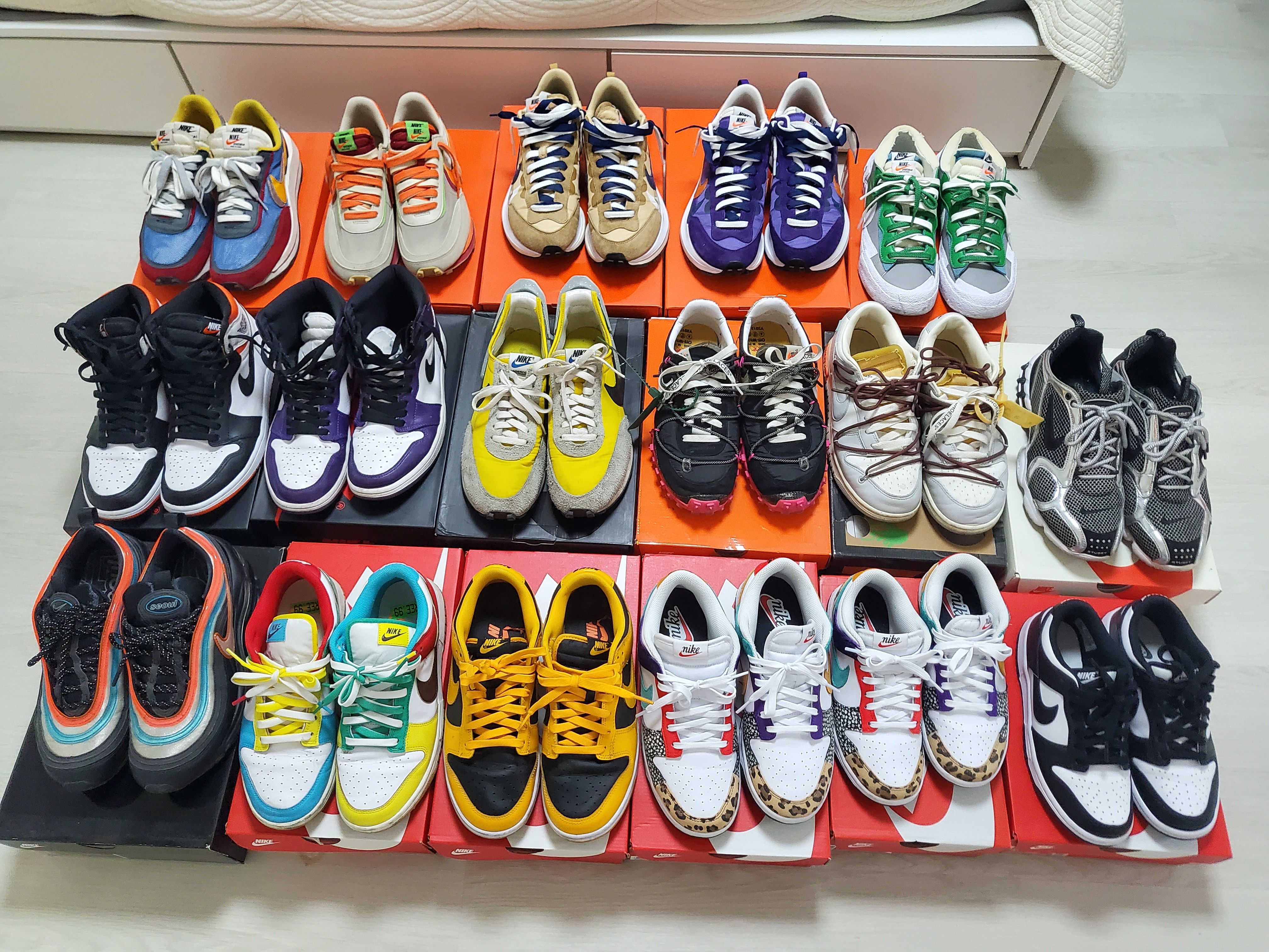 Nike x Sacai x Clot LDWaffle Orange Blaze, Nike x Sacai VaporWaffle Sesame and Blue Void 착용 스타일