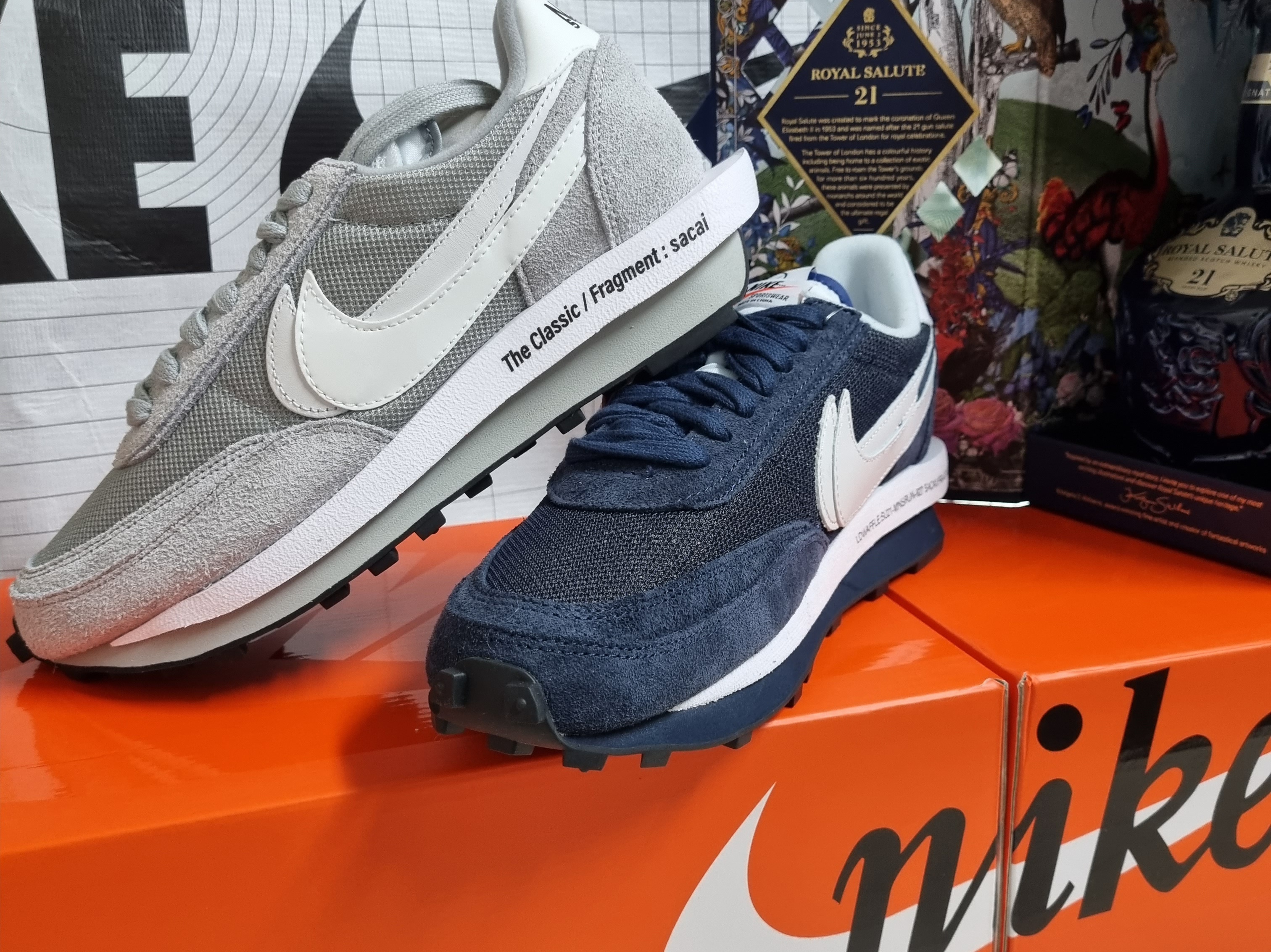Nike x Sacai x Fragment LDWaffle Light Smoke Grey, Nike x Sacai x Fragment LDWaffle Blackened Blue 착용 스타일 - 1