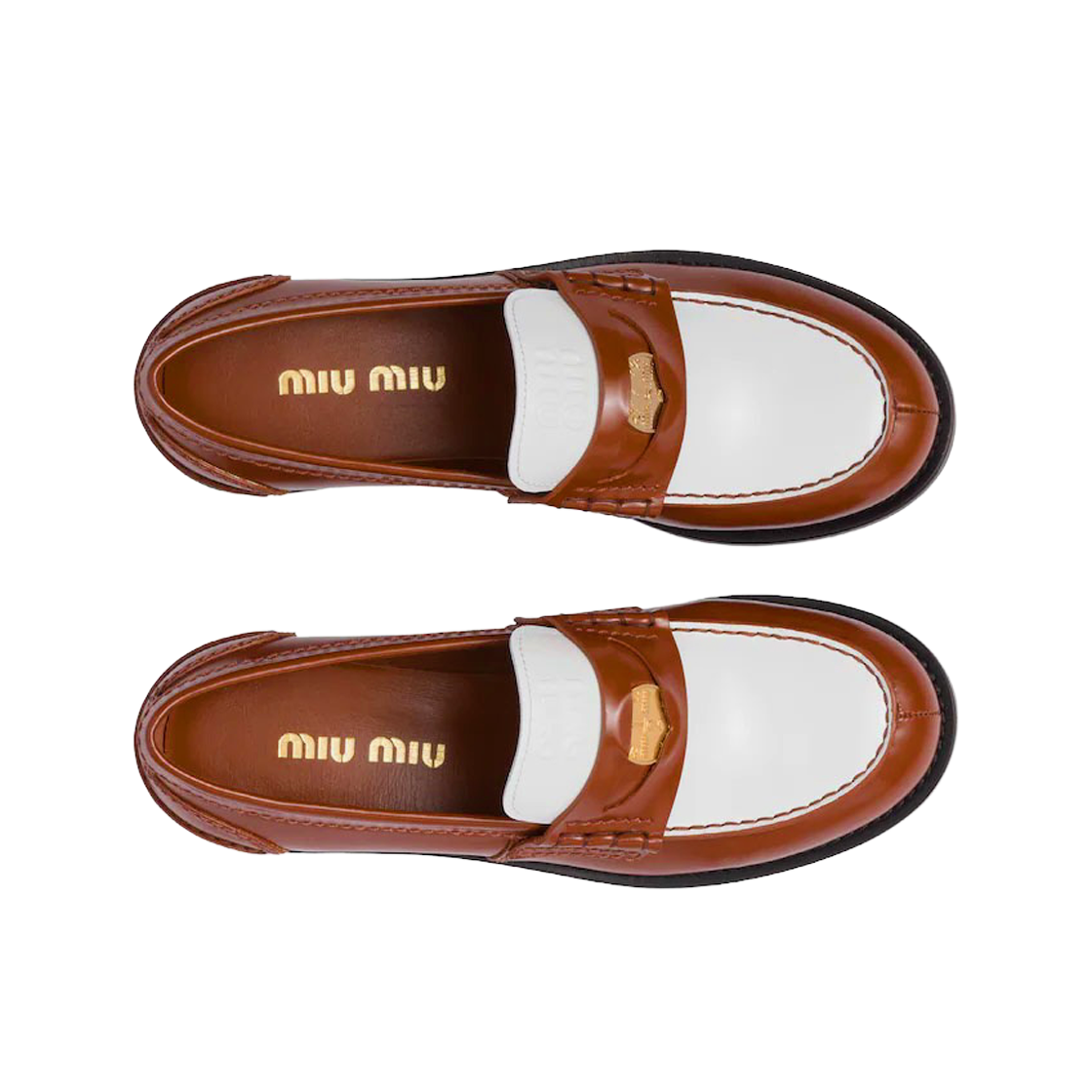 (W) 미우 미우 가죽 페니 로퍼 토바코 화이트((W) Miu Miu Leather Penny Loafers Tobacco White) - 2