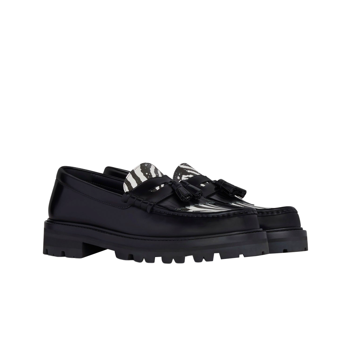 셀린느 폴리쉬드 불 & 지브라 프린티드 카프스킨 마가렛 청키 태슬 로퍼 블랙(Celine Margaret Chunky Loafers With Tassels In Polished Bull And Zebra Printed Calfskin Black White) - 2