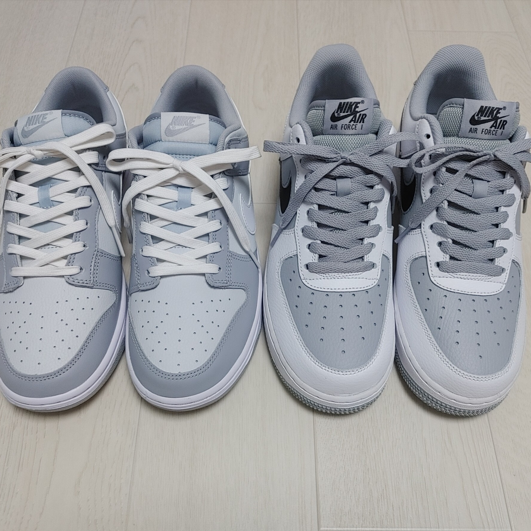 Nike Dunk Low Retro Wolf Grey, Nike Air Force 1 '07 Cut Out Swoosh Cool Grey 착용 스타일 - 1