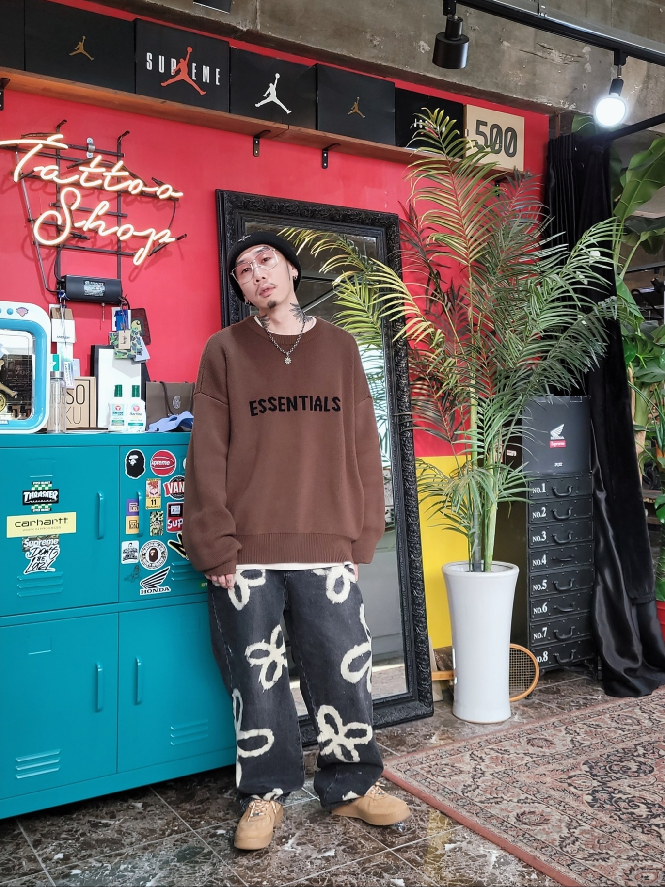 Essentials Knit Sweater Brown/Rain Drum - Ssense Exclusive, Nike x Supreme Air Force 1 Low Flax 착용 스타일