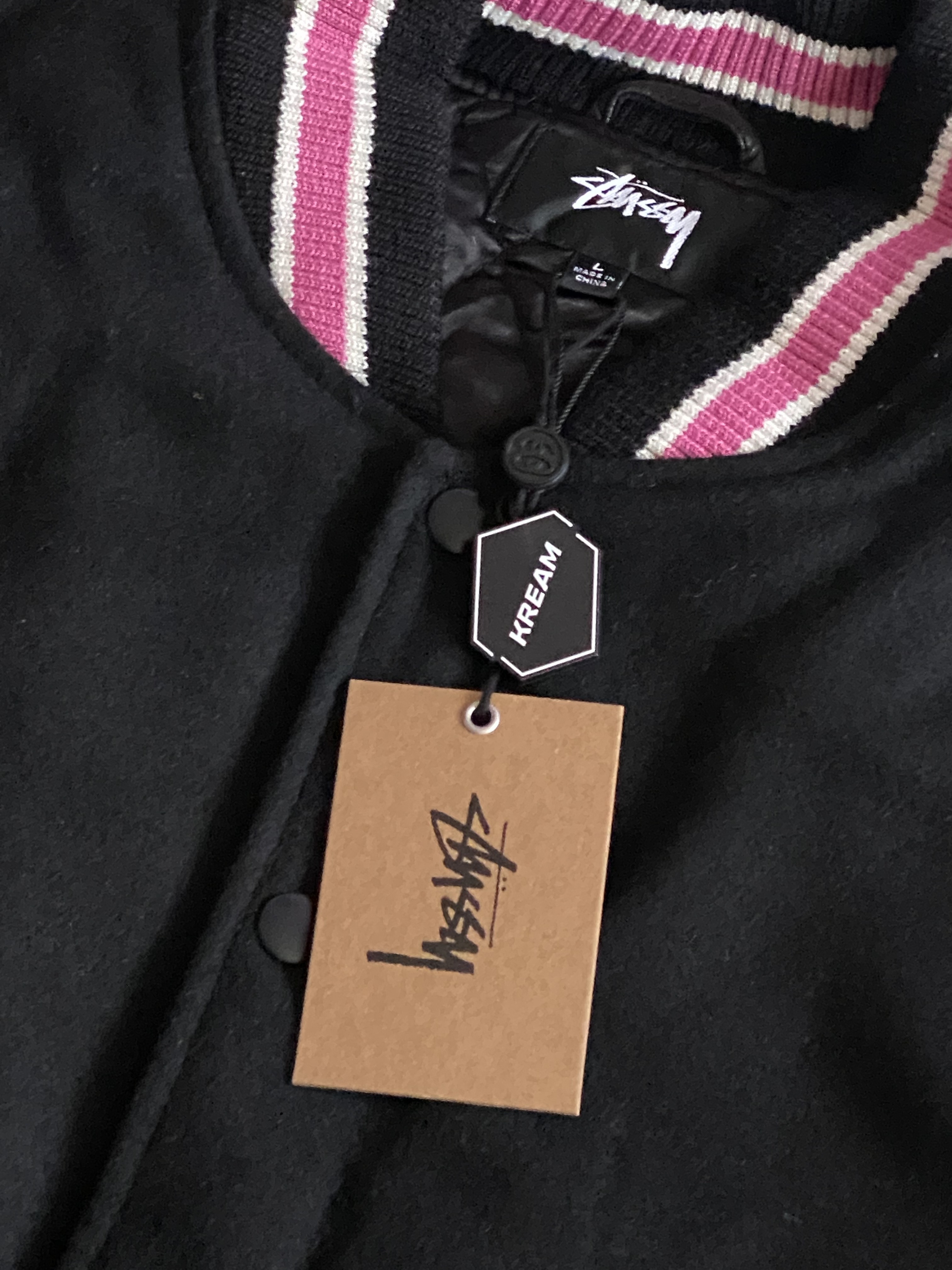 Stussy S Talk Melton Varsity Jacket Black 착용 스타일