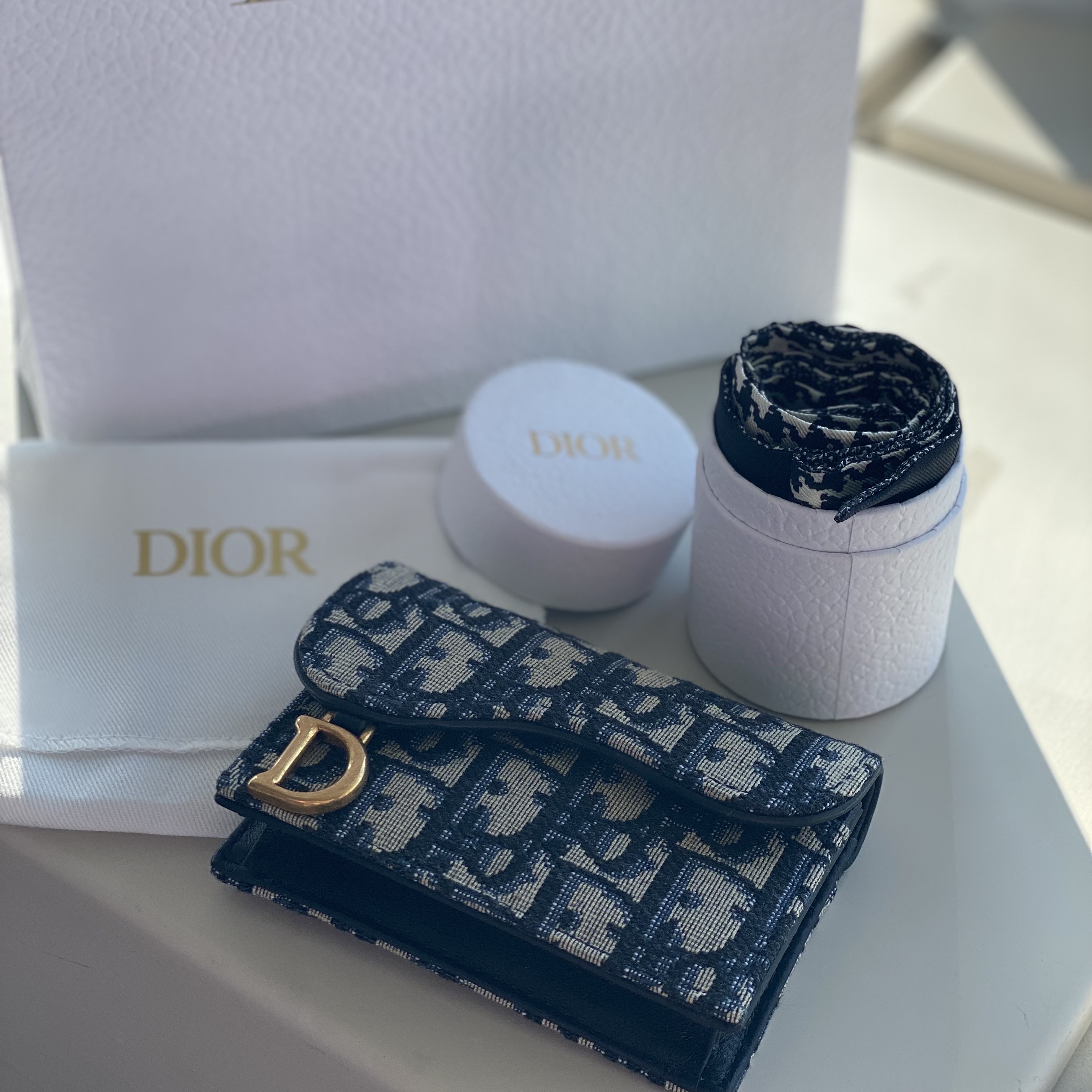Dior Saddle Flap Card Holder Blue Dior Oblique Jacquard, (W) Dior 30 Montaigne Mitzah Scarf Silk Twill Black White 착용 스타일