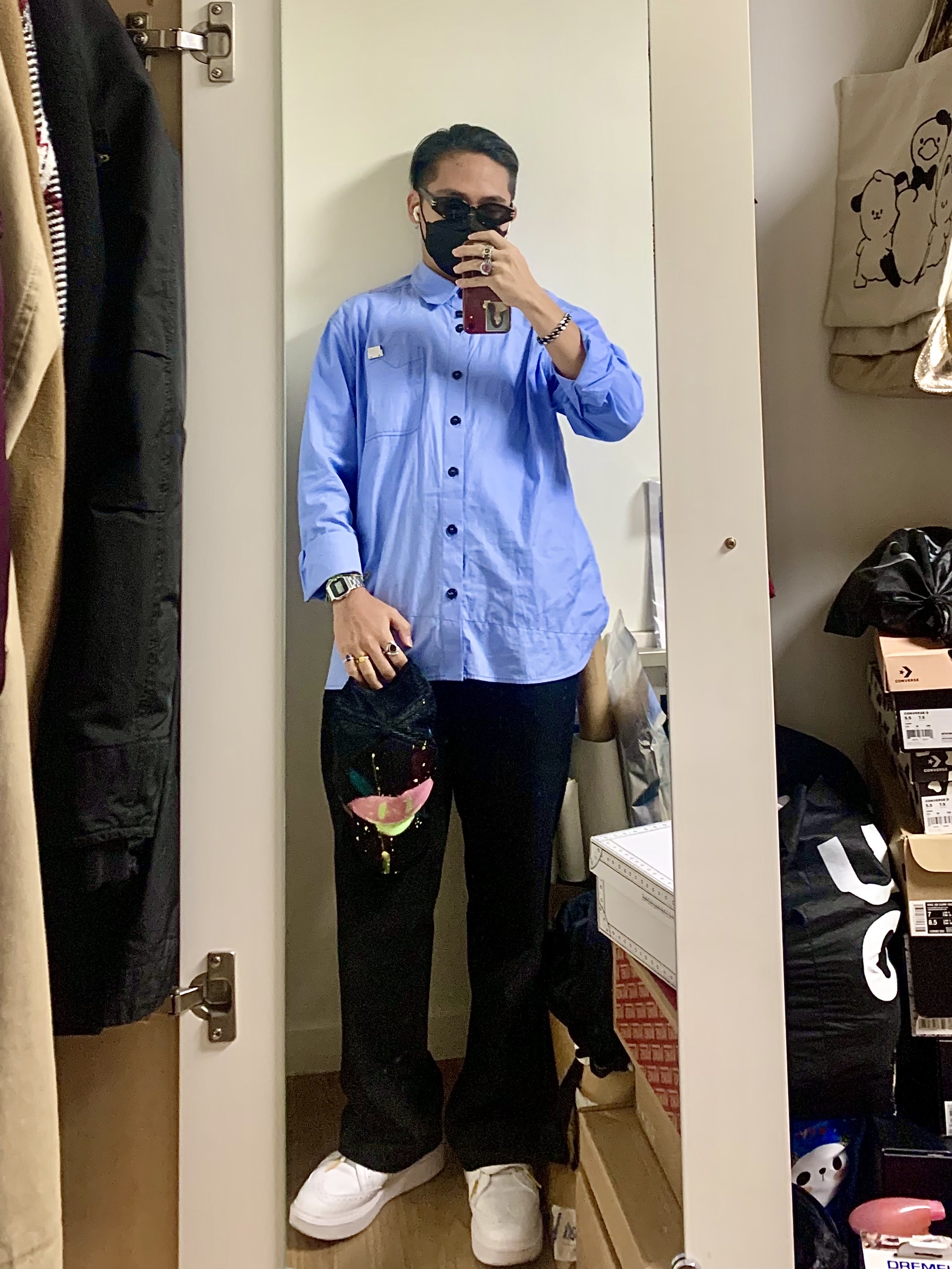 Zara x Ader Error Oversized Shirt Sky Blue, Peaceminusone Slider Clip #1 Silver 착용 스타일 - 4