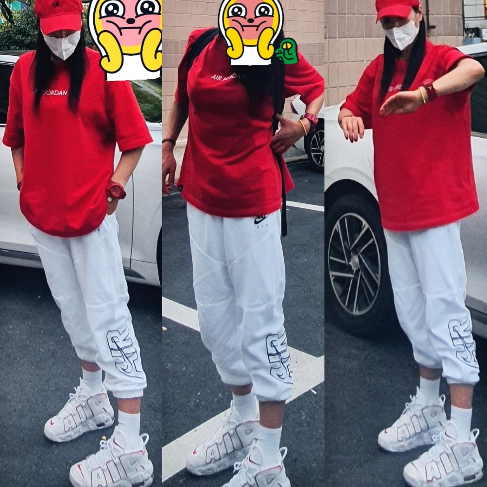 Nike Air More Uptempo White Varsity Red 2021, Jordan Wordmark T-Shirt Fire Red - Asia 착용 스타일