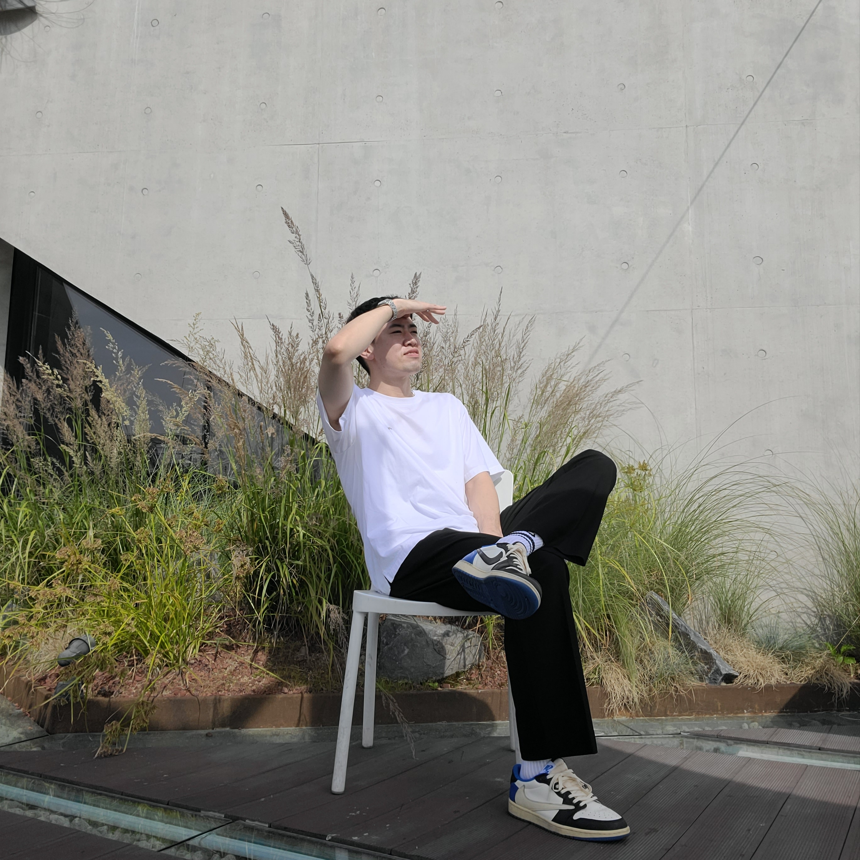 Jordan 1 x Travis Scott x Fragment Retro Low OG SP Military Blue, Wooyoungmi Square Label T-Shirt White - 22FW 착용 스타일