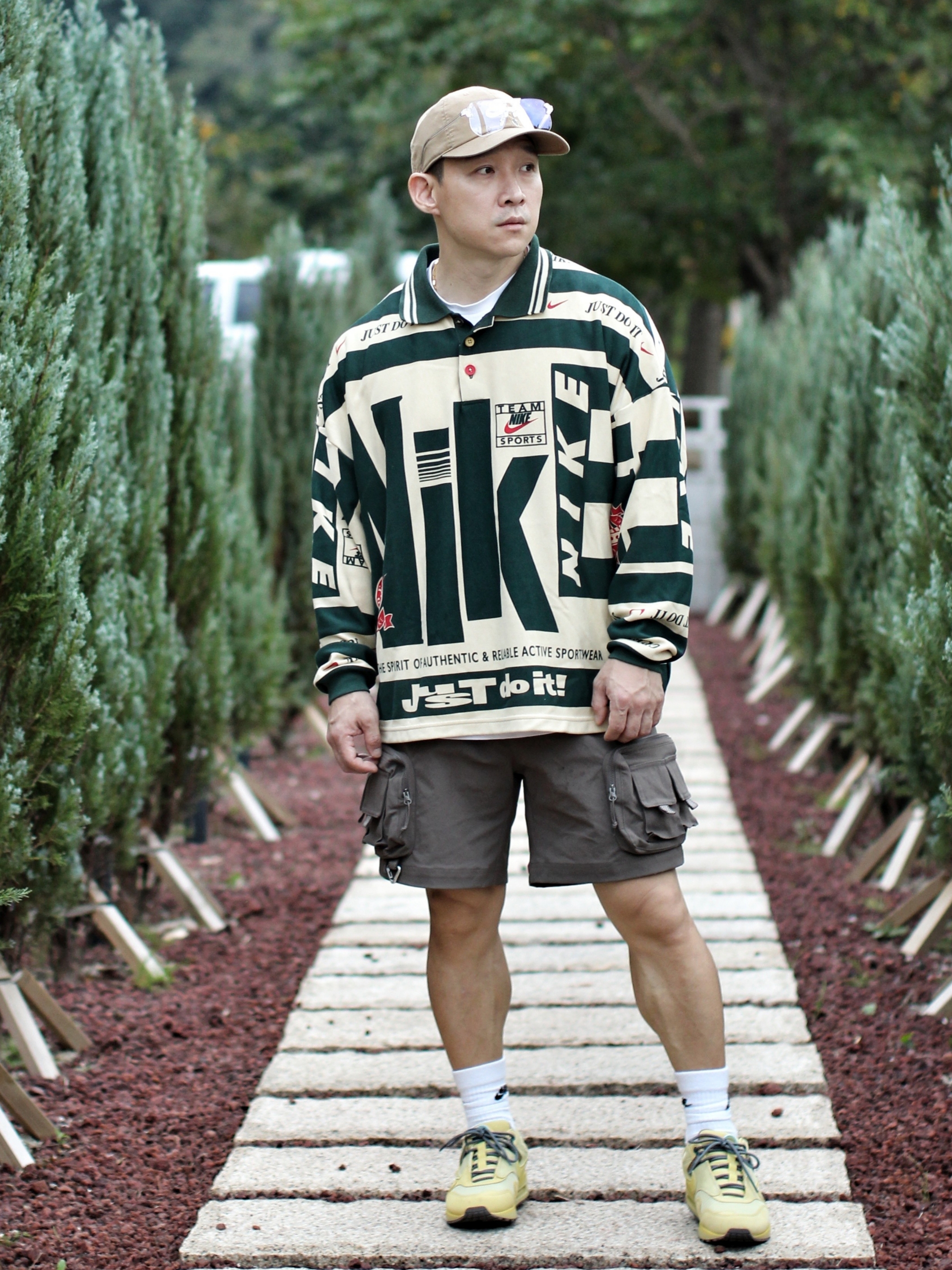 Nike Heritage 86 Futura Washed Cap Dark Driftwood, Nike x Cactus Plant Flea Market Long Sleeve Polo Natural - Asia 착용 스타일 - 3