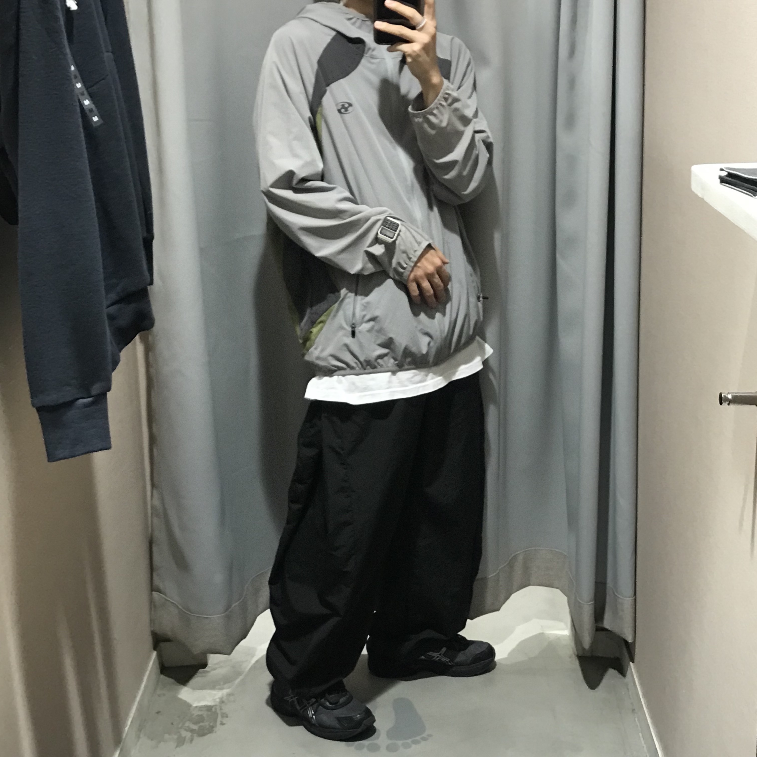 Asics UB2-S Gel-1130 Asphalt Pure Silver, Sansan Gear Running Jacket Gray - 22SS 착용 스타일