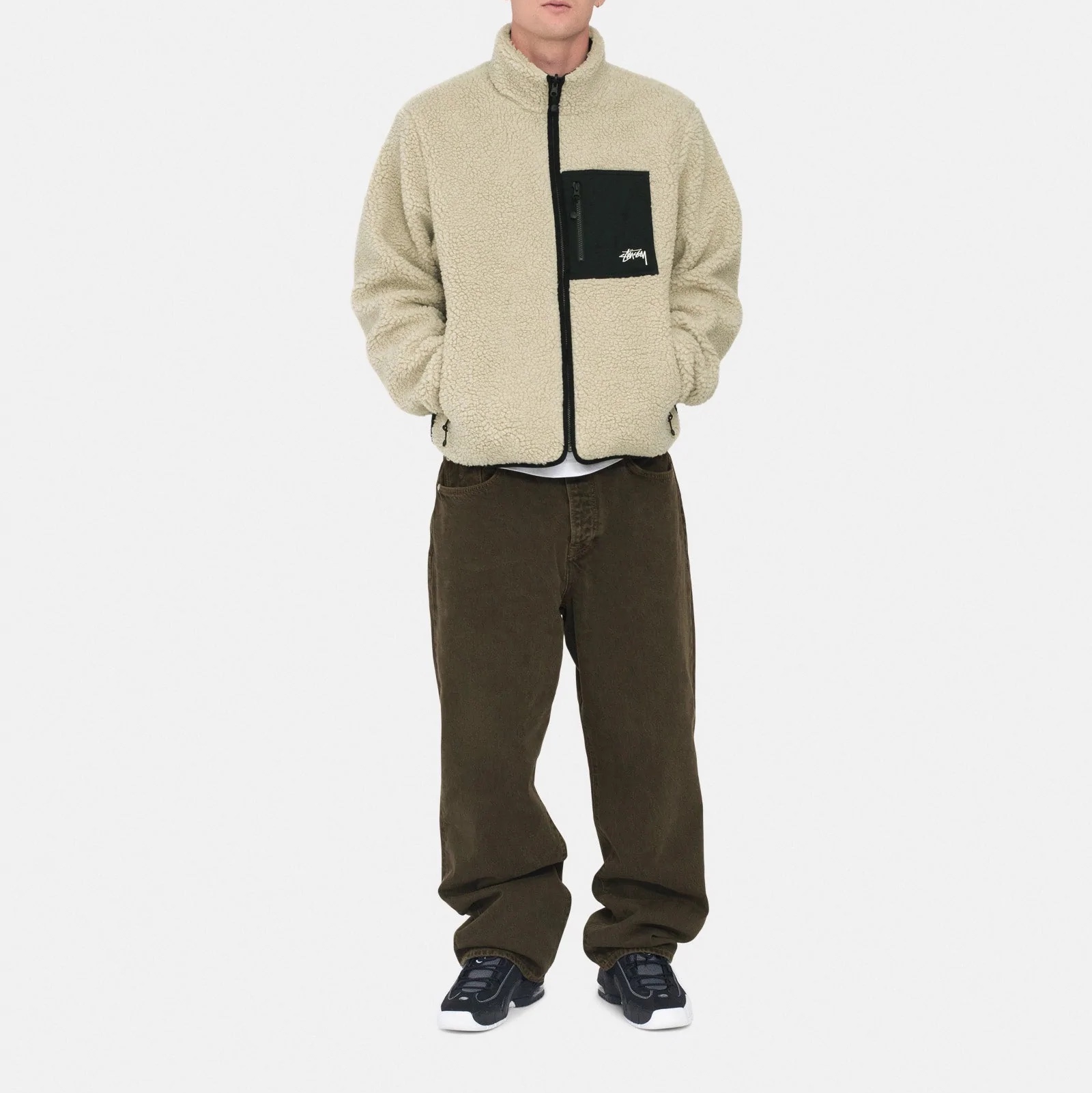 Stussy 8 Ball Sherpa Jacket Natural 착용 스타일 - 1