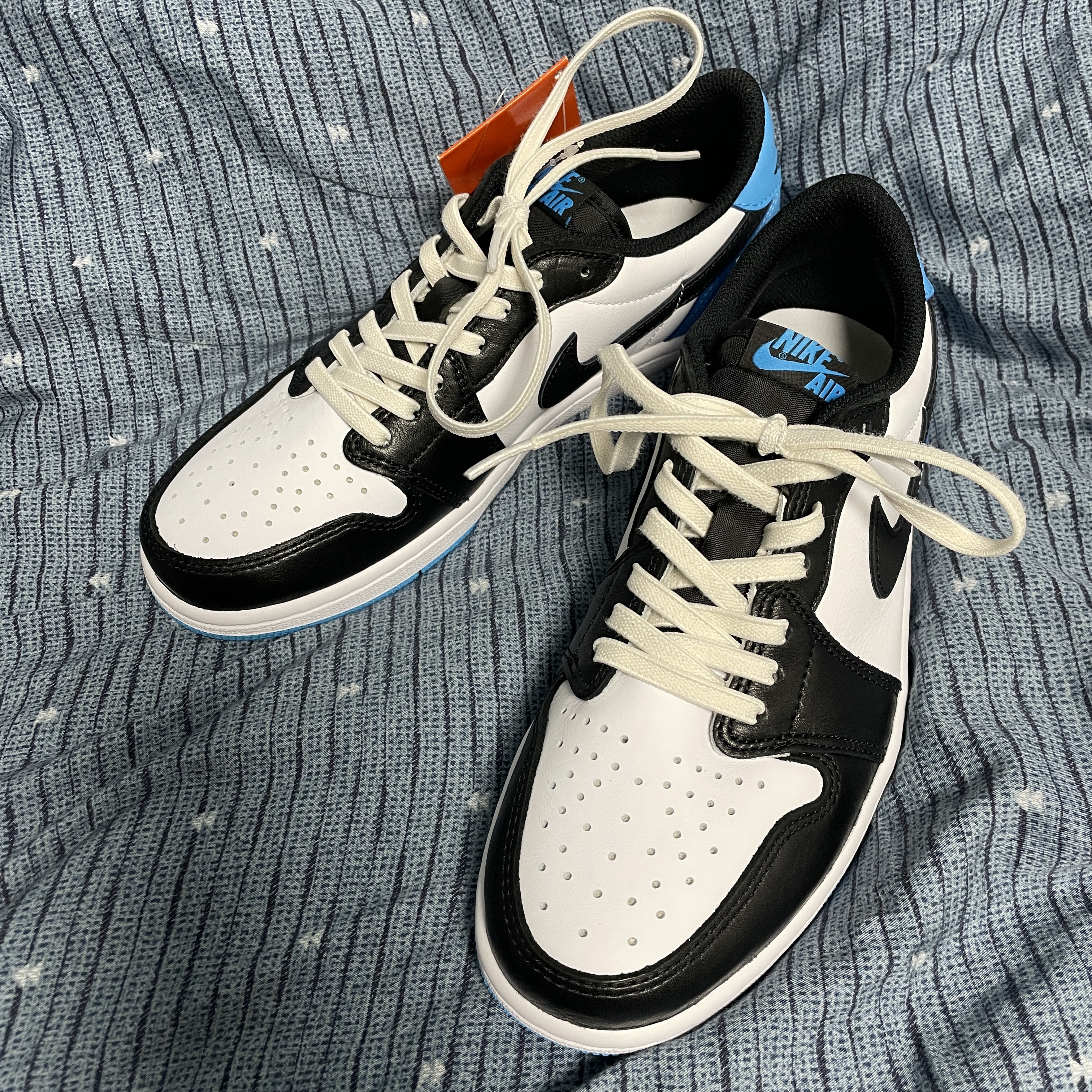 Jordan 1 Retro Low OG Black and Dark Powder Blue 착용 스타일 - 1