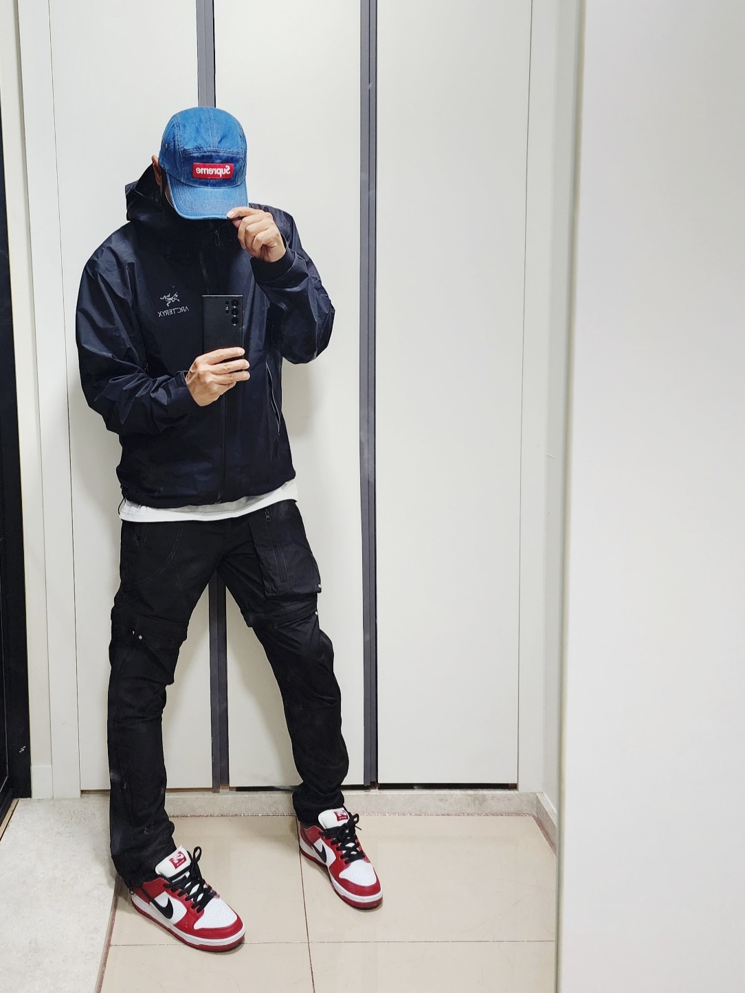 Nike SB Dunk Low Pro Chicago, Arc'teryx Beta LT Jacket Black 착용 스타일 - 1