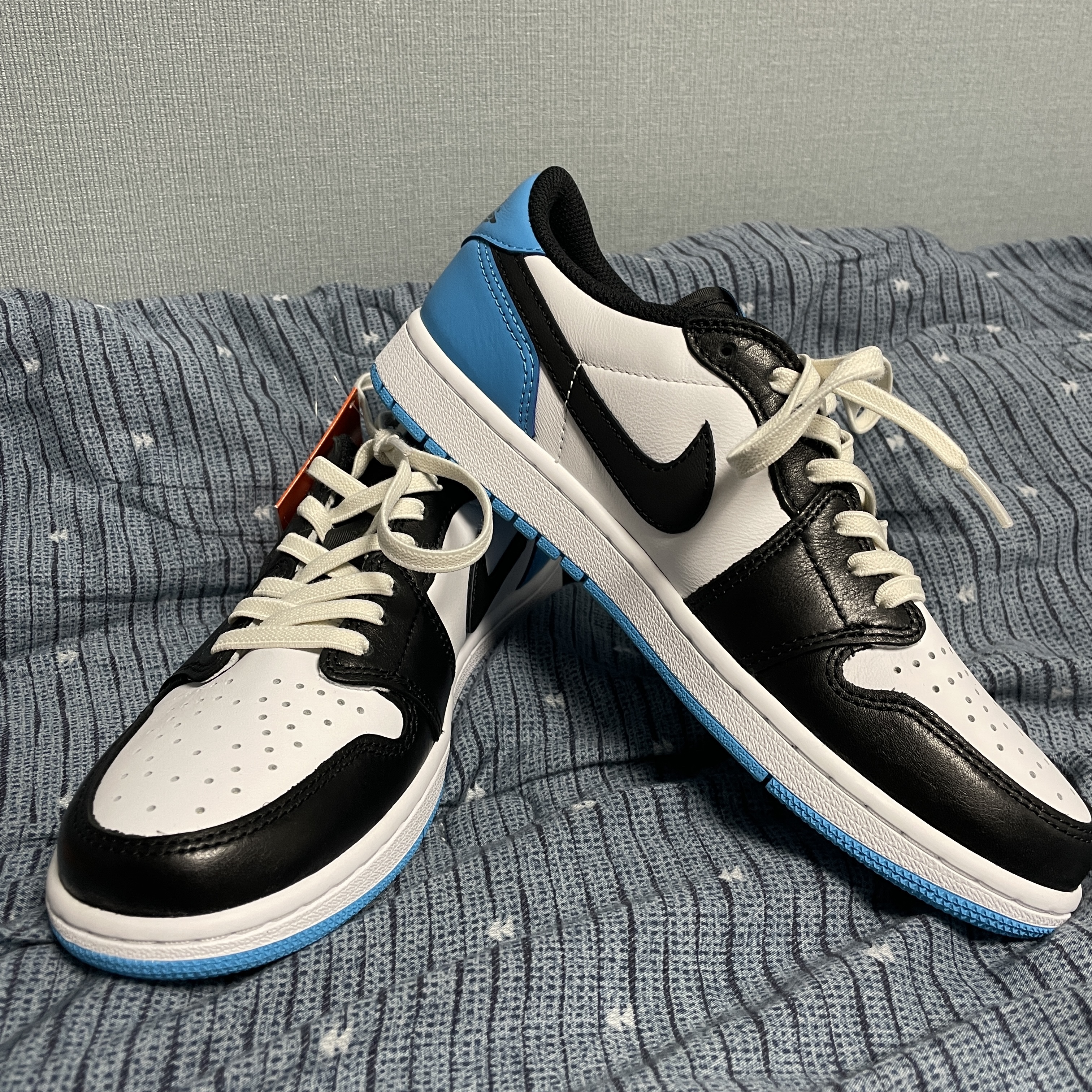 Jordan 1 Retro Low OG Black and Dark Powder Blue 착용 스타일 - 2