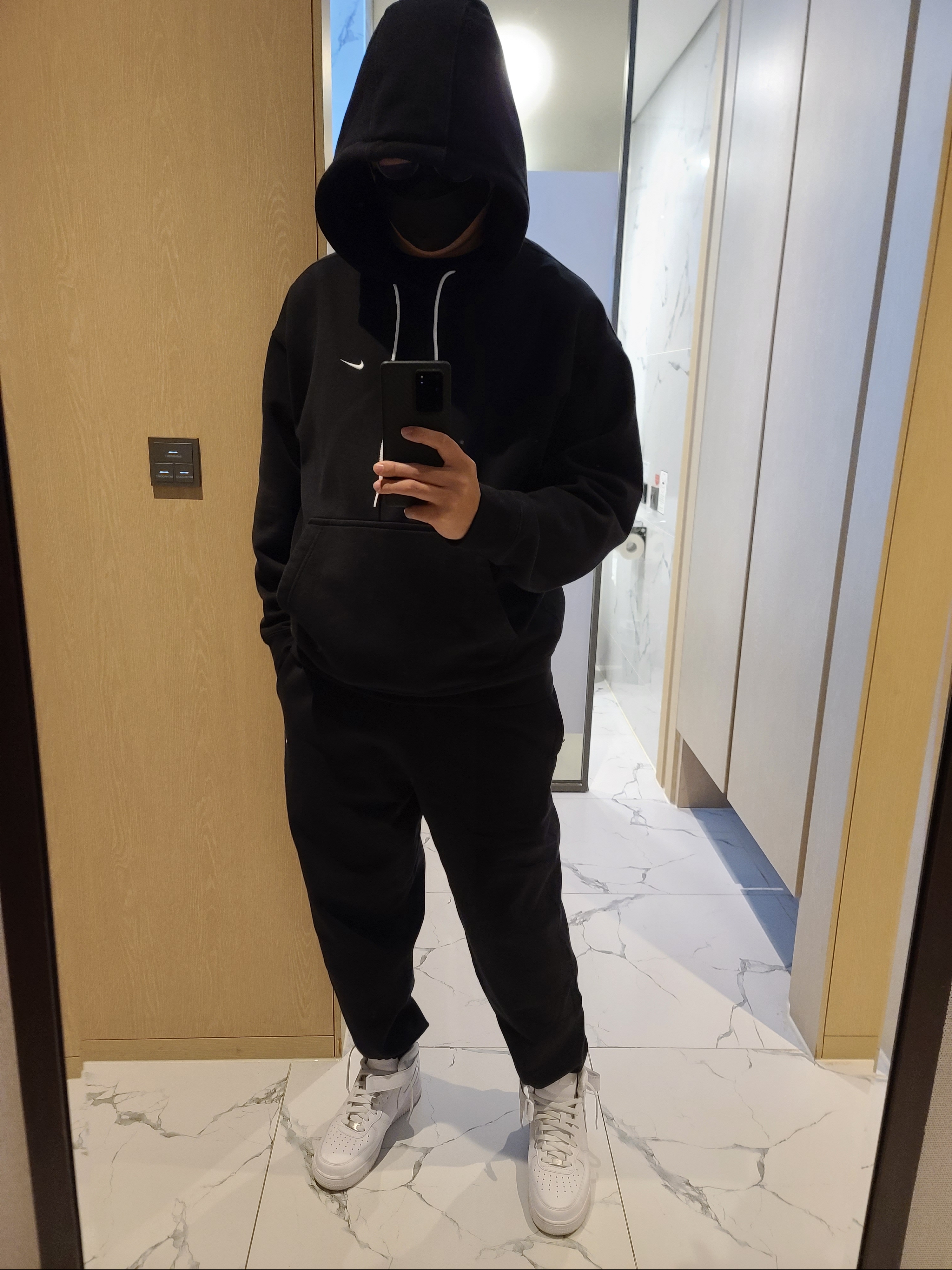 Nike NRG Solo Swoosh Fleece Pants Black - US/EU, Nike NRG Solo Swoosh Fleece Hoodie Black White - US/EU 착용 스타일