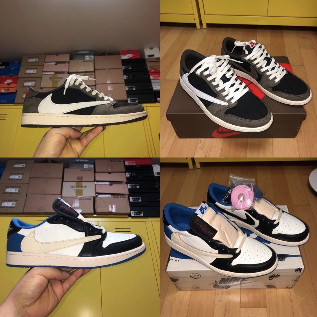 Jordan 1 x Travis Scott x Fragment Retro Low OG SP Military Blue, Jordan 1 x Travis Scott Retro Low OG SP Mocha 착용 스타일