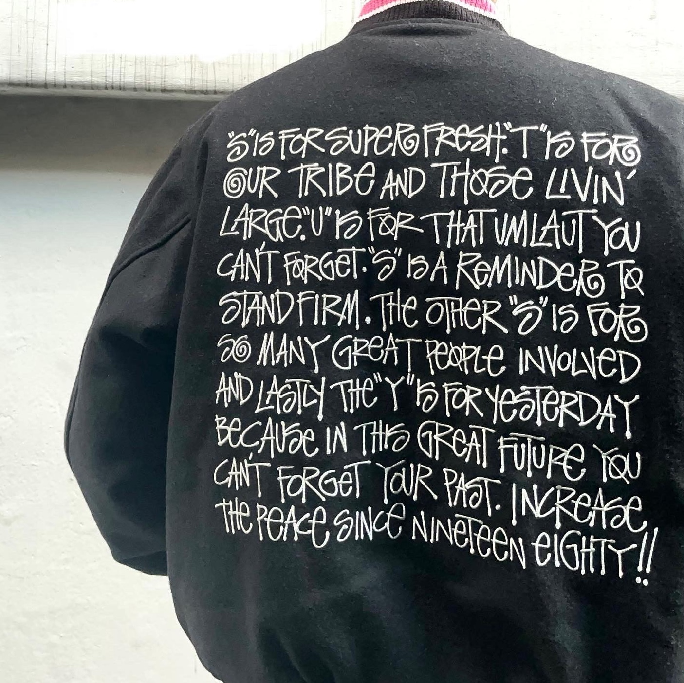 Stussy S Talk Melton Varsity Jacket Black 착용 스타일