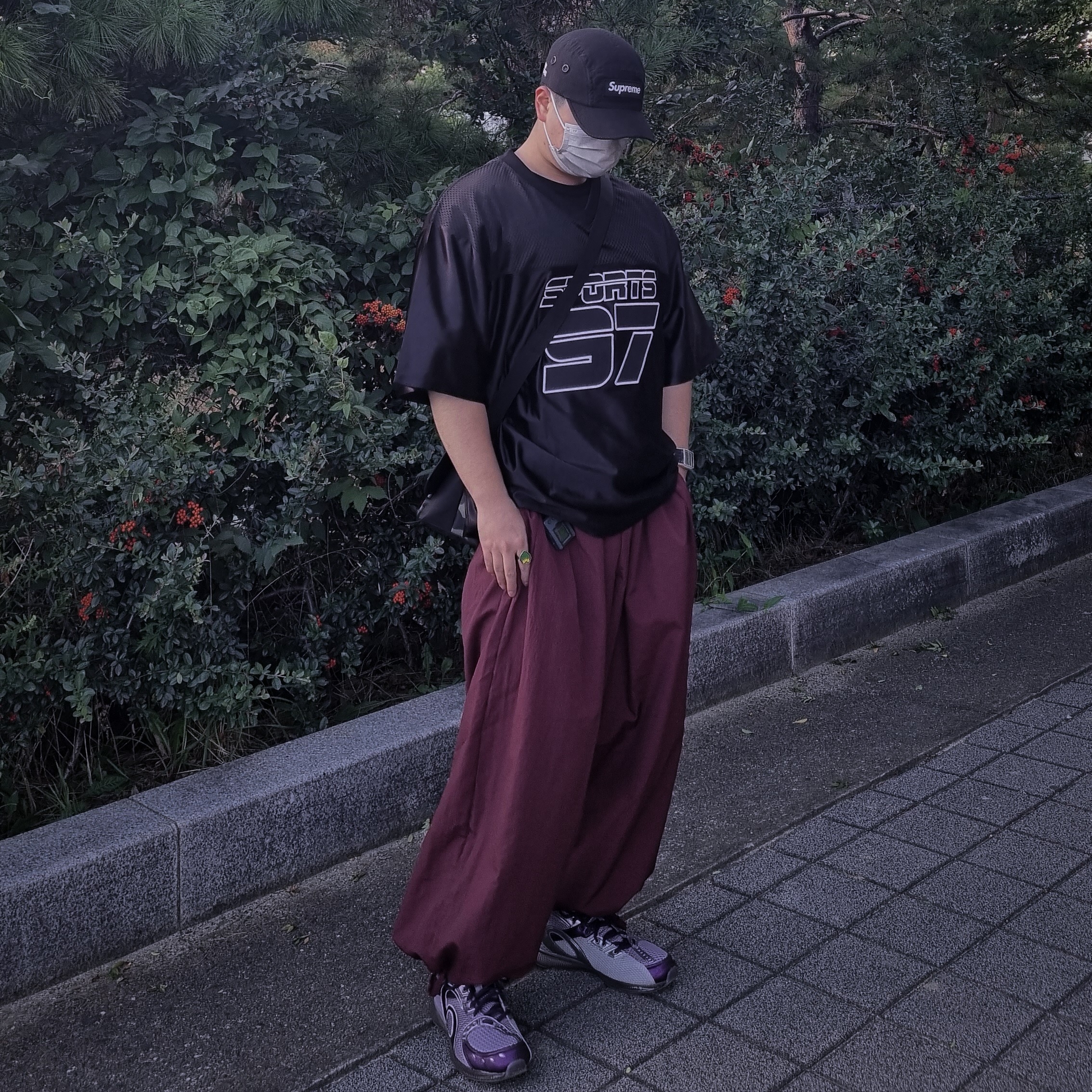 Asics x Kiko Kostadinov Gel Sokat Infinity Purple, Human Made Animal Ring Duck Green 착용 스타일 - 1