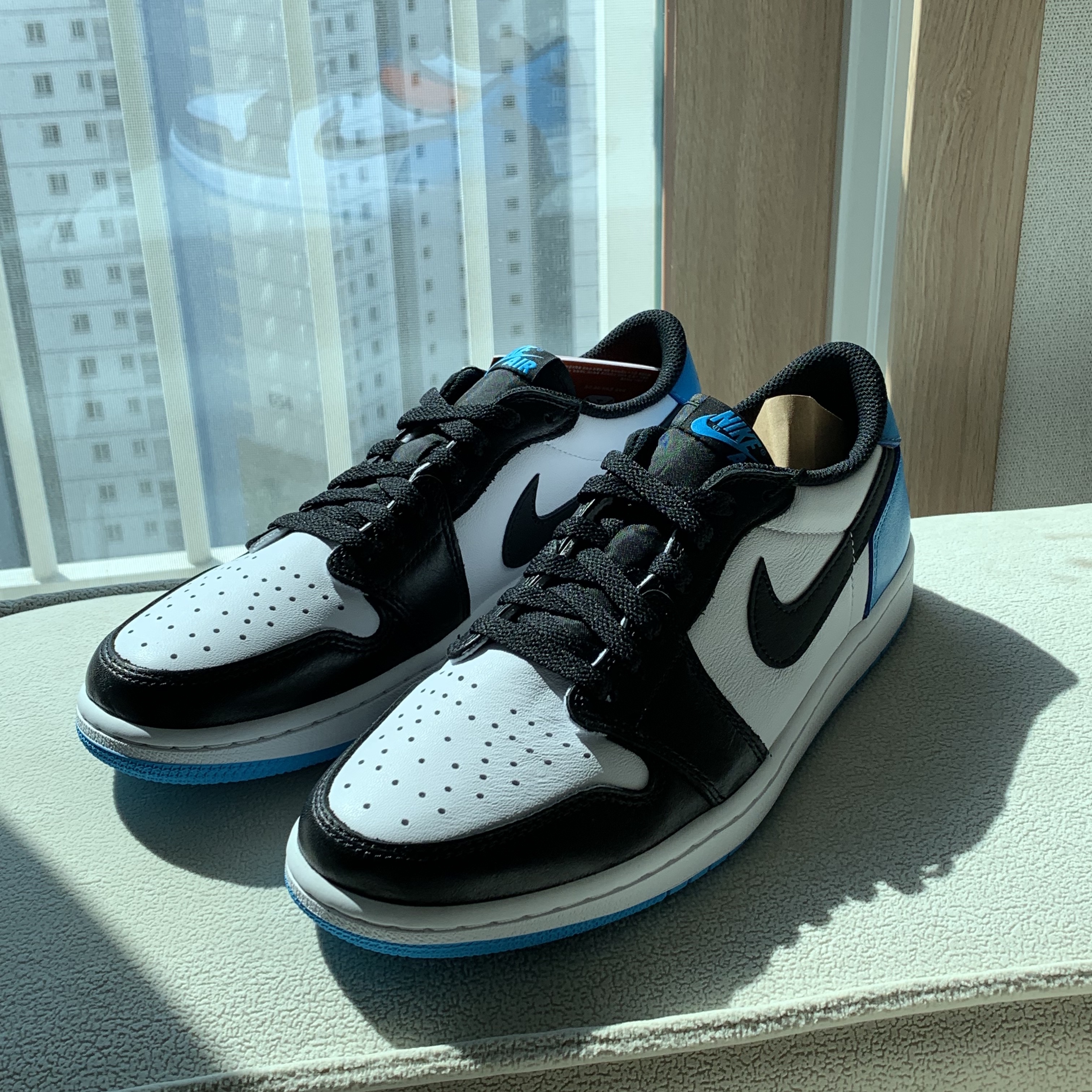 Jordan 1 Retro Low OG Black and Dark Powder Blue 착용 스타일 - 1