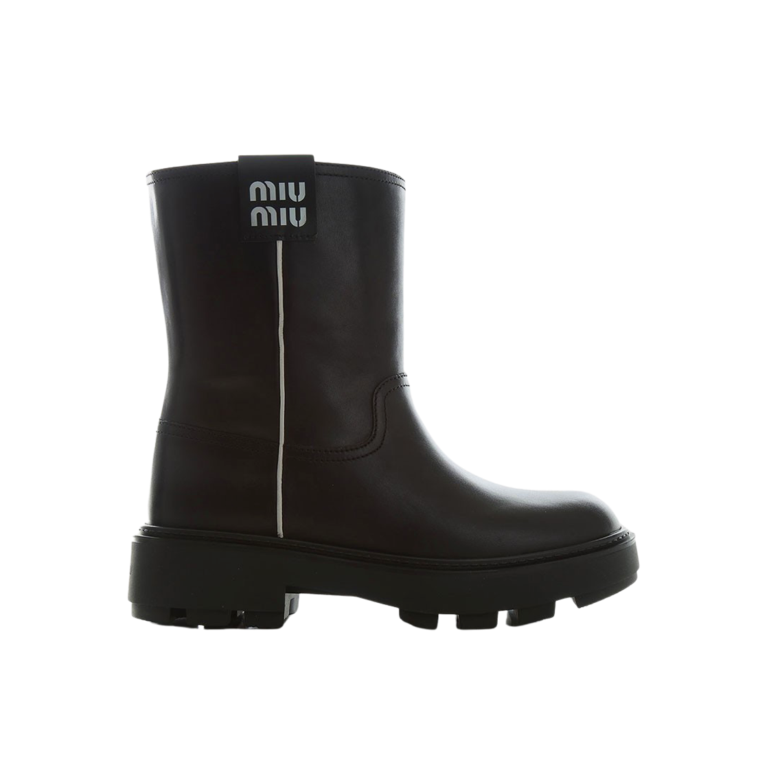 (W) 미우 미우 로고 레더 부티 블랙((W) Miu Miu Logo Leather Booties Black) - 1