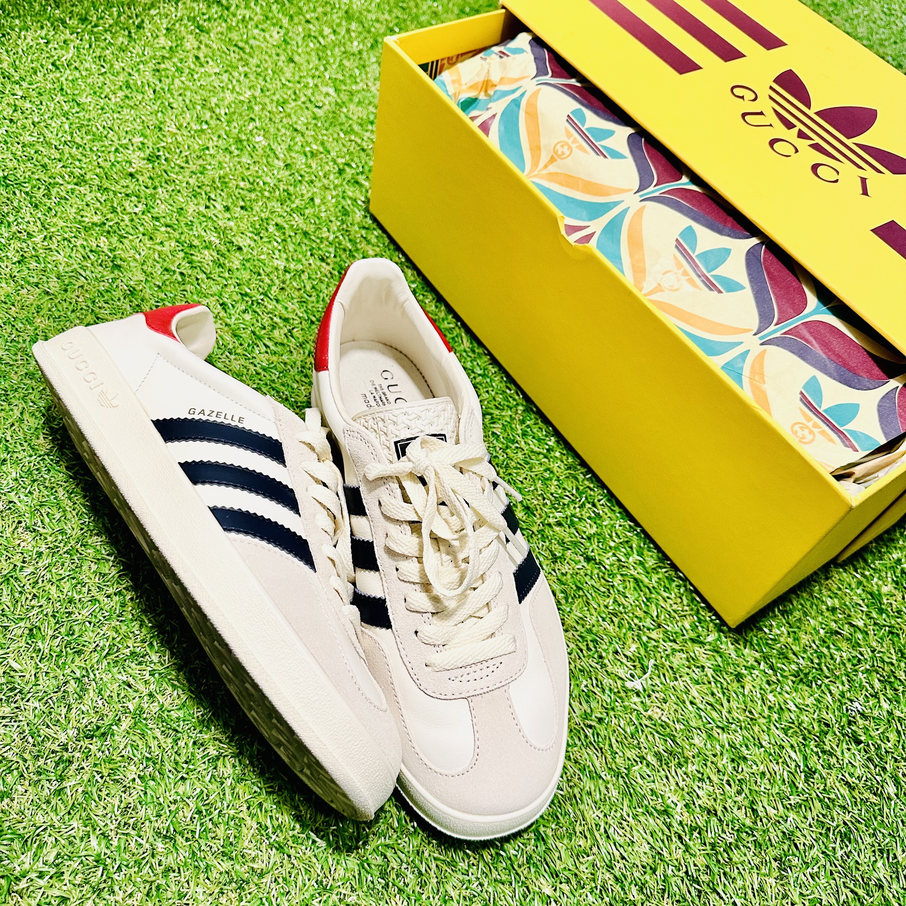 (W) Gucci x Adidas Gazelle Sneakers White 착용 스타일 - 1