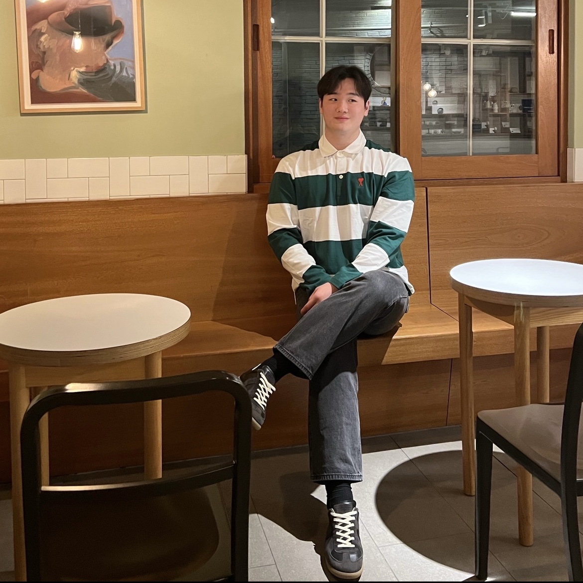 AMI de Coeur Striped Polo Shirt Green White, Maison Margiela Calfskin Replica Sneakers Black 착용 스타일 - 1