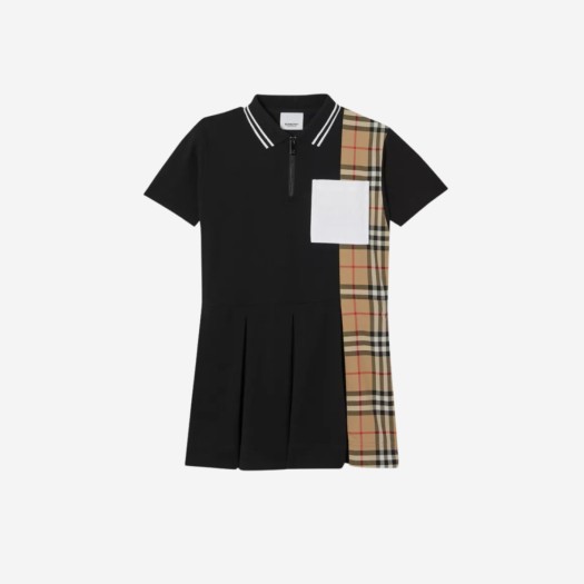 (키즈) 버버리 빈티지 체크 패널 코튼 피케 폴로 셔츠 드레스 블랙