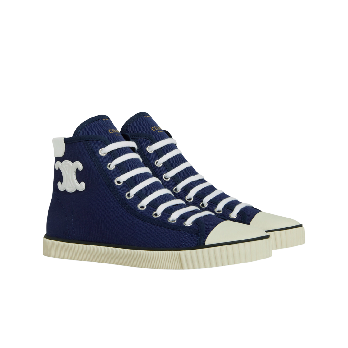 (W) 셀린느 캔버스 & 카프스킨 블랭크 미드 레이스업 토캡 스니커즈 네이비((W) Celine Blank Mid Lace Up Sneaker with Toe Cap in Canvas and Calfskin Navy) - 2