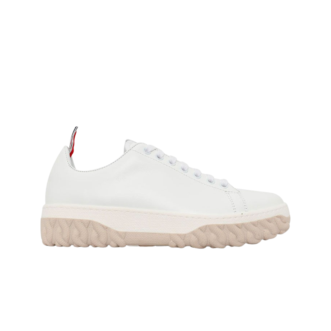 (W) 톰브라운 비텔로 카프 레더 케이블 니트 솔 코트 스니커즈 화이트((W) Thom Browne Vitello Calf Leather Cable Knit Sole Court Sneakers White) - 1