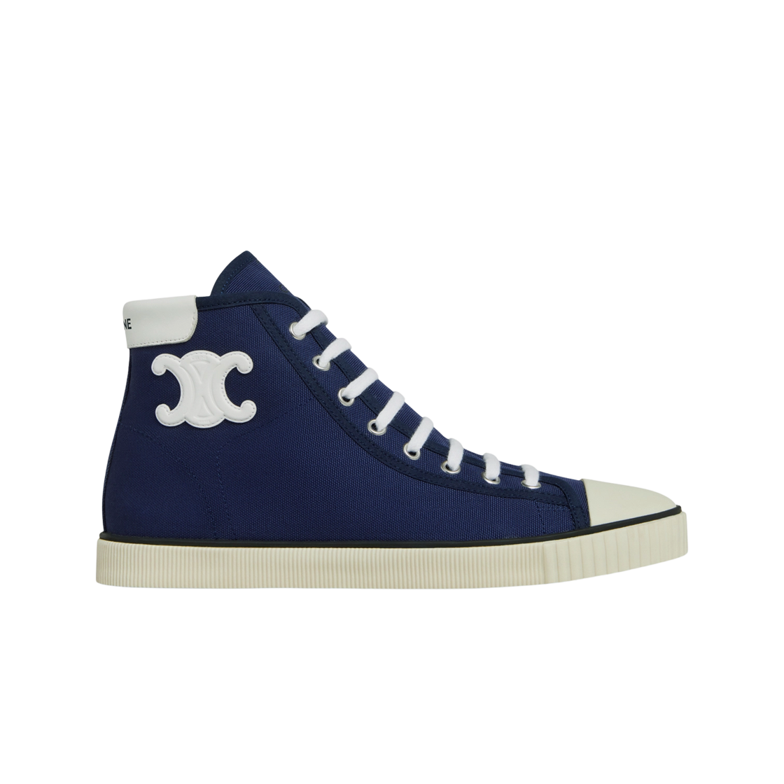 (W) 셀린느 캔버스 & 카프스킨 블랭크 미드 레이스업 토캡 스니커즈 네이비((W) Celine Blank Mid Lace Up Sneaker with Toe Cap in Canvas and Calfskin Navy) - 1