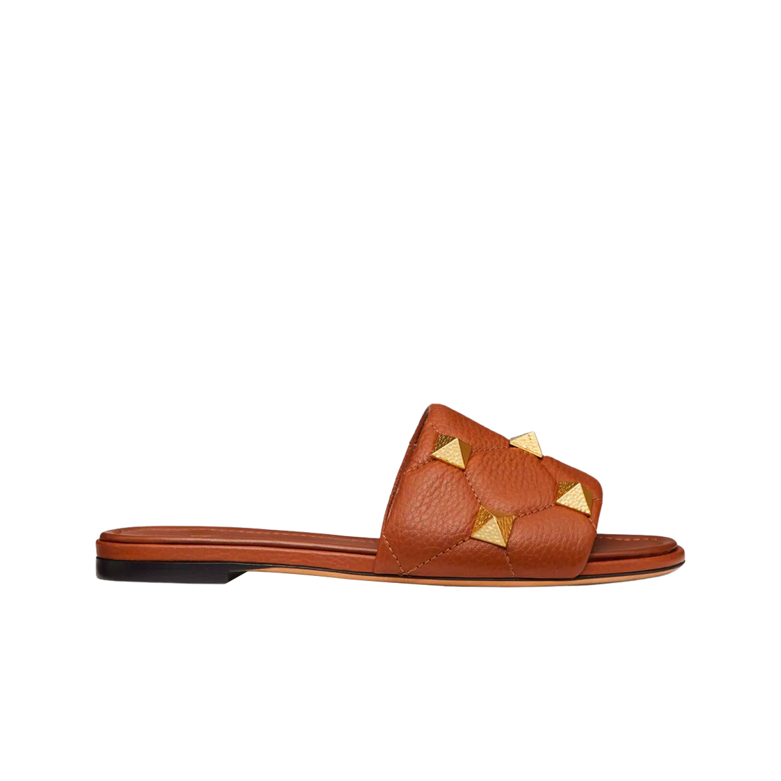 (W) 발렌티노 퀼티드 그레이니 카프스킨 플랫 로만 스터드 슬라이드 샌들 새들 브라운((W) Valentino Flat Roman Stud Slide Sandal in Quilted Grainy Calfskin Saddle Brown) - 1