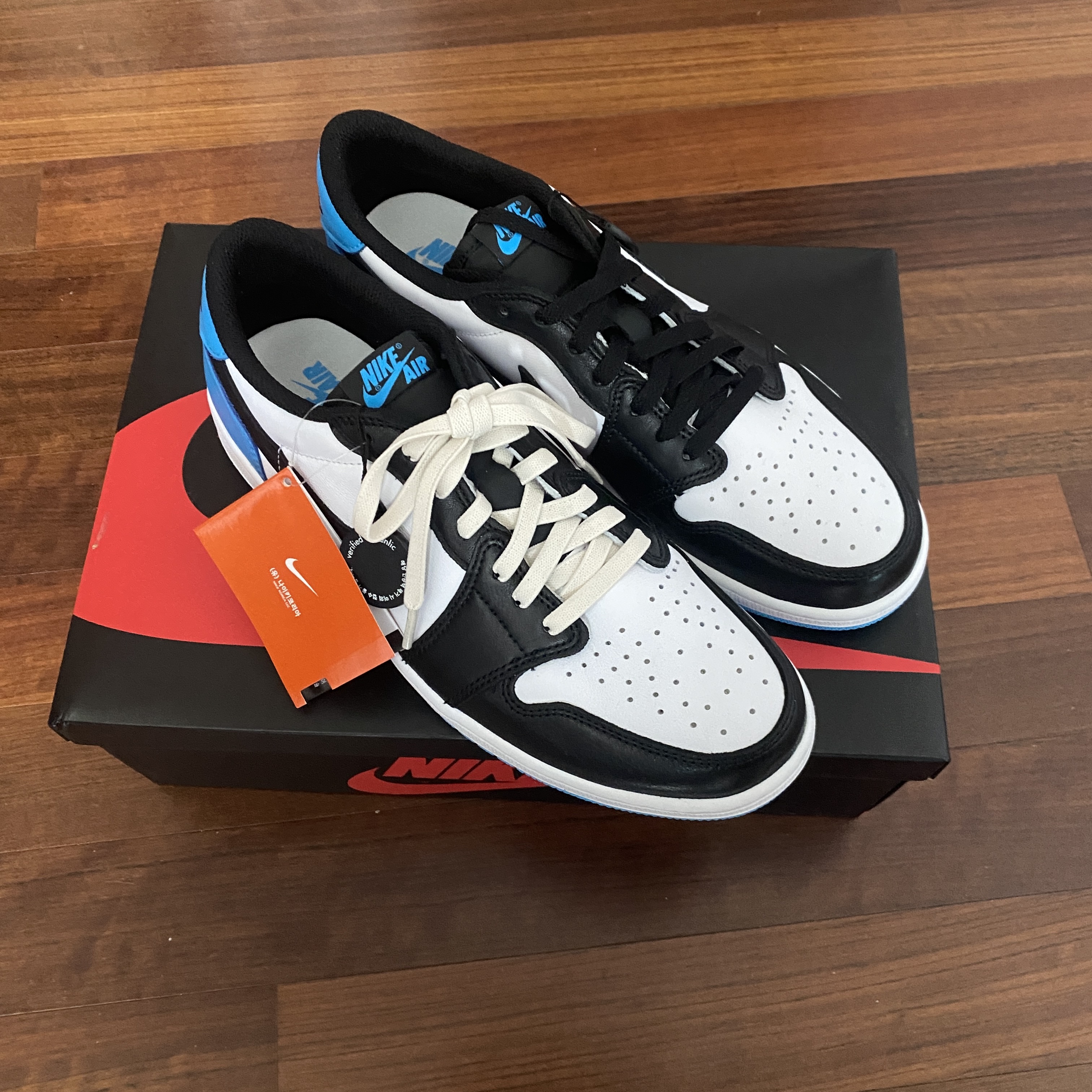 Jordan 1 Retro Low OG Black and Dark Powder Blue 착용 스타일 - 1