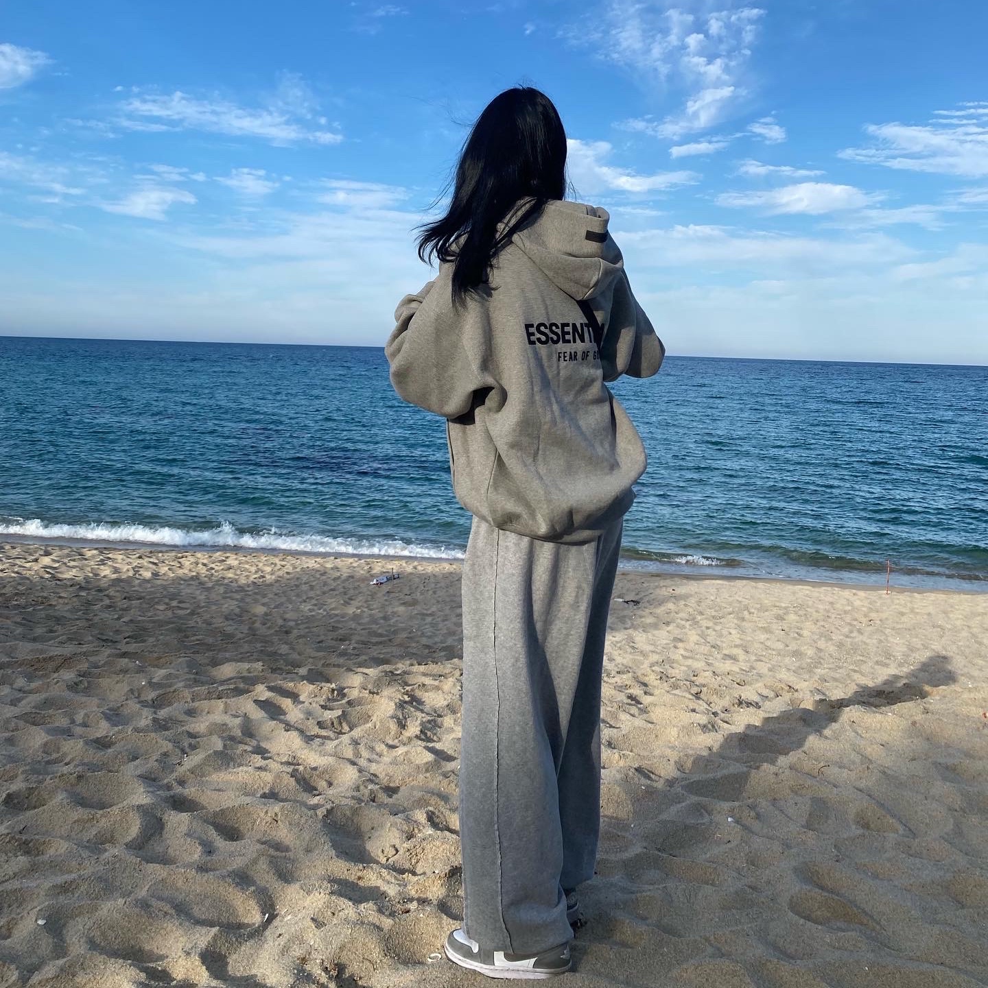 Essentials The Core Collection Hoodie Dark Oatmeal, (W) Jordan 1 Low White Wolf Grey 착용 스타일 - 2