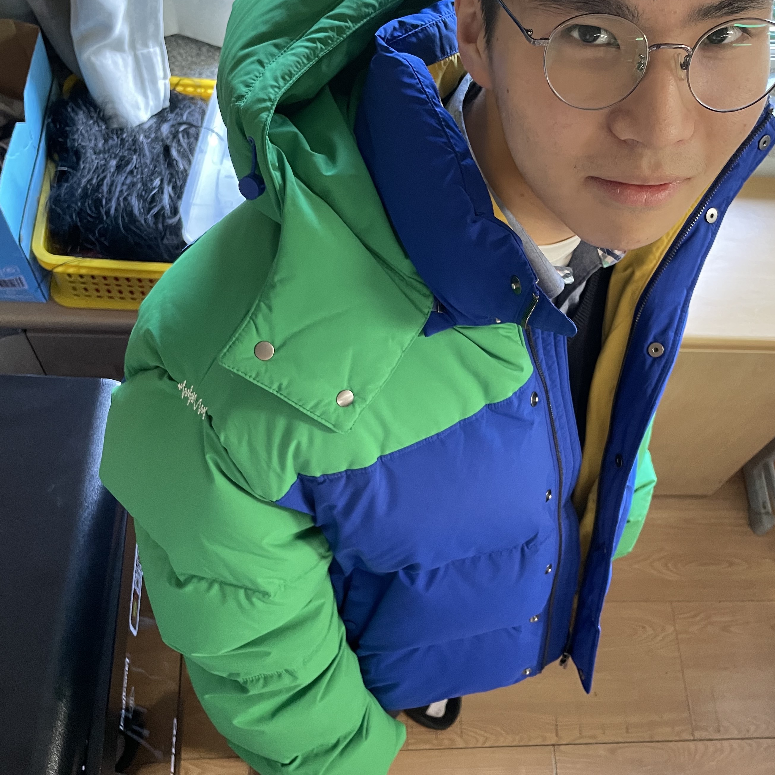 Zara x Ader Error Color Block Jacket Green Blue 착용 스타일 - 1