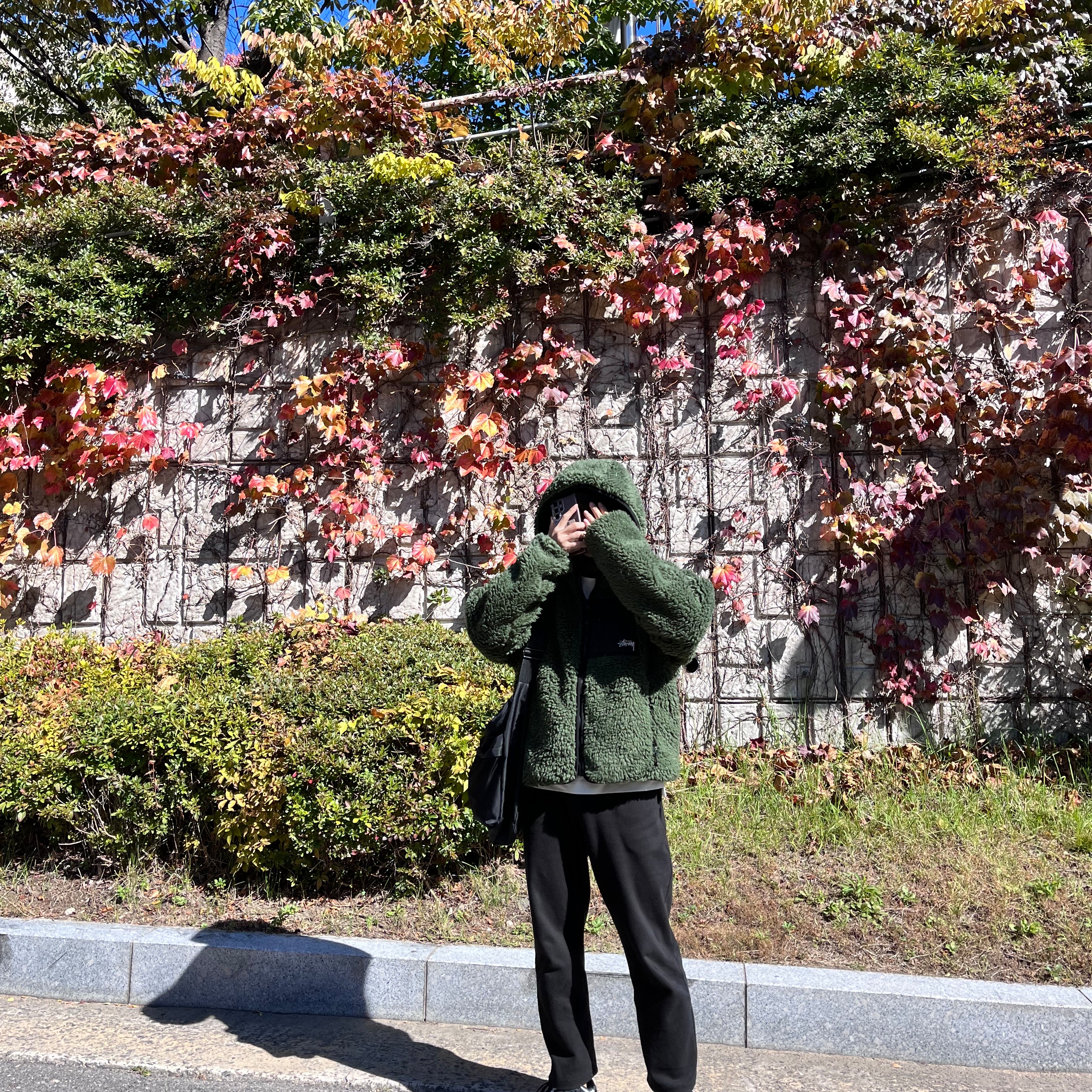 Stussy Sherpa Jacket Olive, Nike Dunk Low Retro Black 착용 스타일 - 1