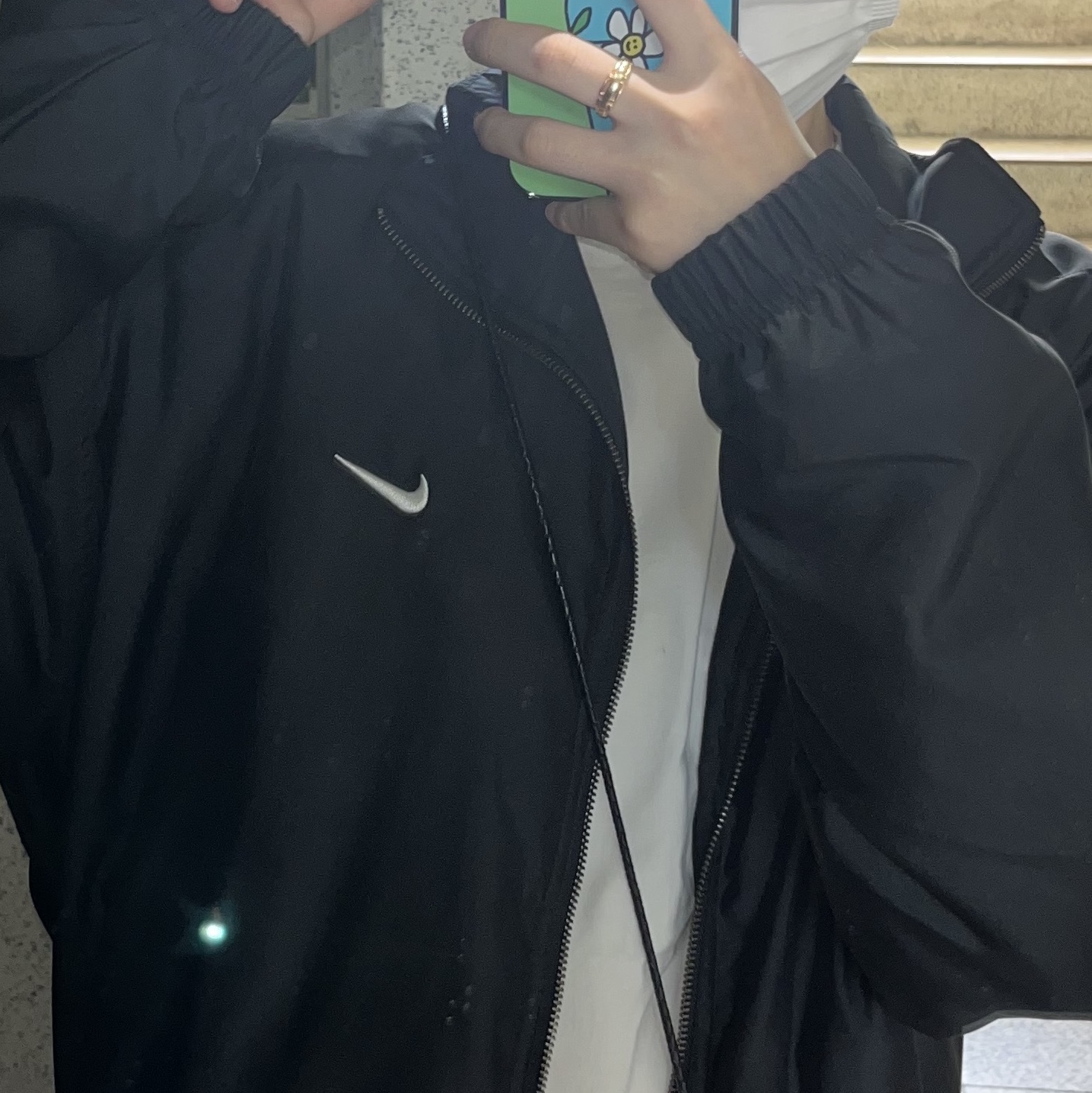 Nike NRG Solo Swoosh Satin Bomber Jacket Black Bleached Coral - US/EU 착용 스타일